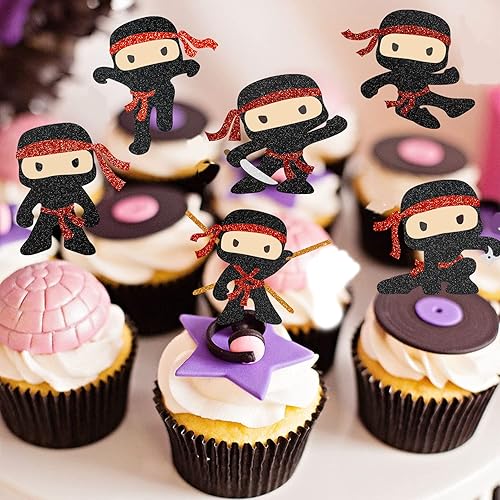 Miniatura 4 de 18 piezas de adornos para cupcakes de ninja con temática de fiesta de cumpleaños para niños y niños