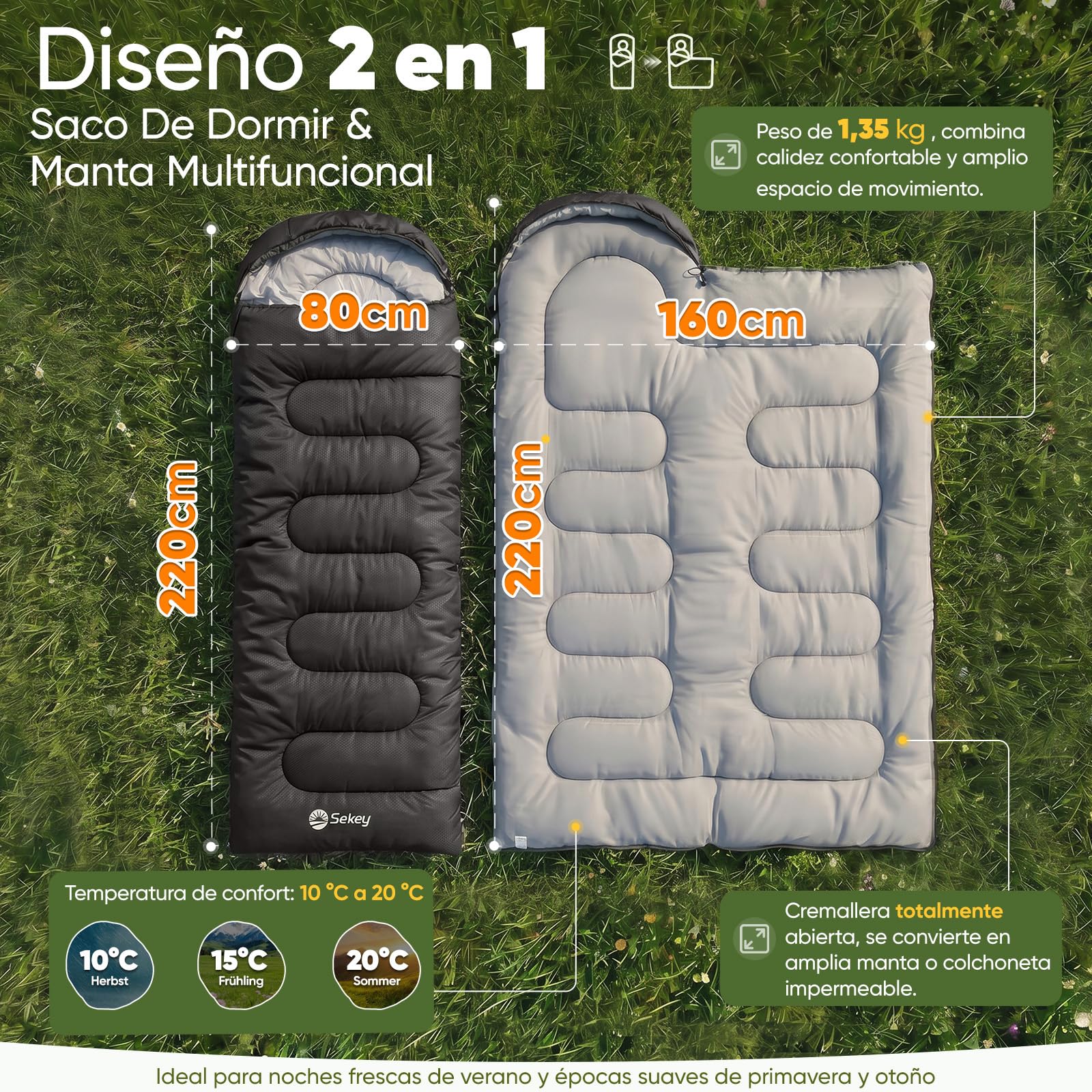 Sekey Saco de Dormir Adulto Rectangular, 1,35 kg 3 Estaciones, Saco de Dormir Ultraligero, 2-en-1 Manta, Cremallera Anti-atrapamiento, Ventilación Pies, 10-20°C, Camping y Outdoor, 220x80 cm