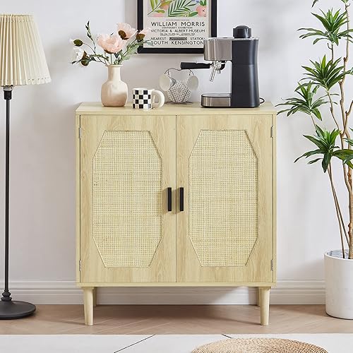 Aparador de bufé gabinete de acento con estantes ajustables gabinete independiente de madera con puertas decorativas de ratán gabinetes de vino
