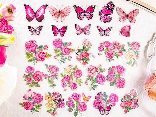 Miniatura 7 de Knaid 300 calcomanías surtidas de mariposas y flores, calcomanías de resina floral de mariposas transparentes, calcomanías estéticas para diario,