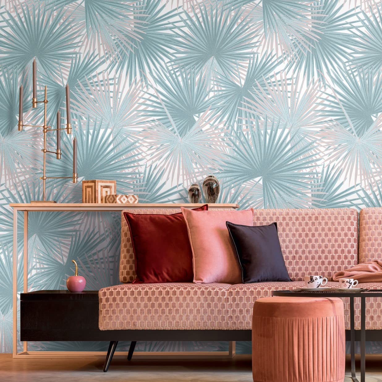 Livingwalls Travel Styles tapeta flizelinowa – tapeta o wyglądzie liści w kolorze niebieskim i beżowym – stylowa tapeta ścienna do różnych pomieszczeń o wymiarach 1,59 m x 2,80 m