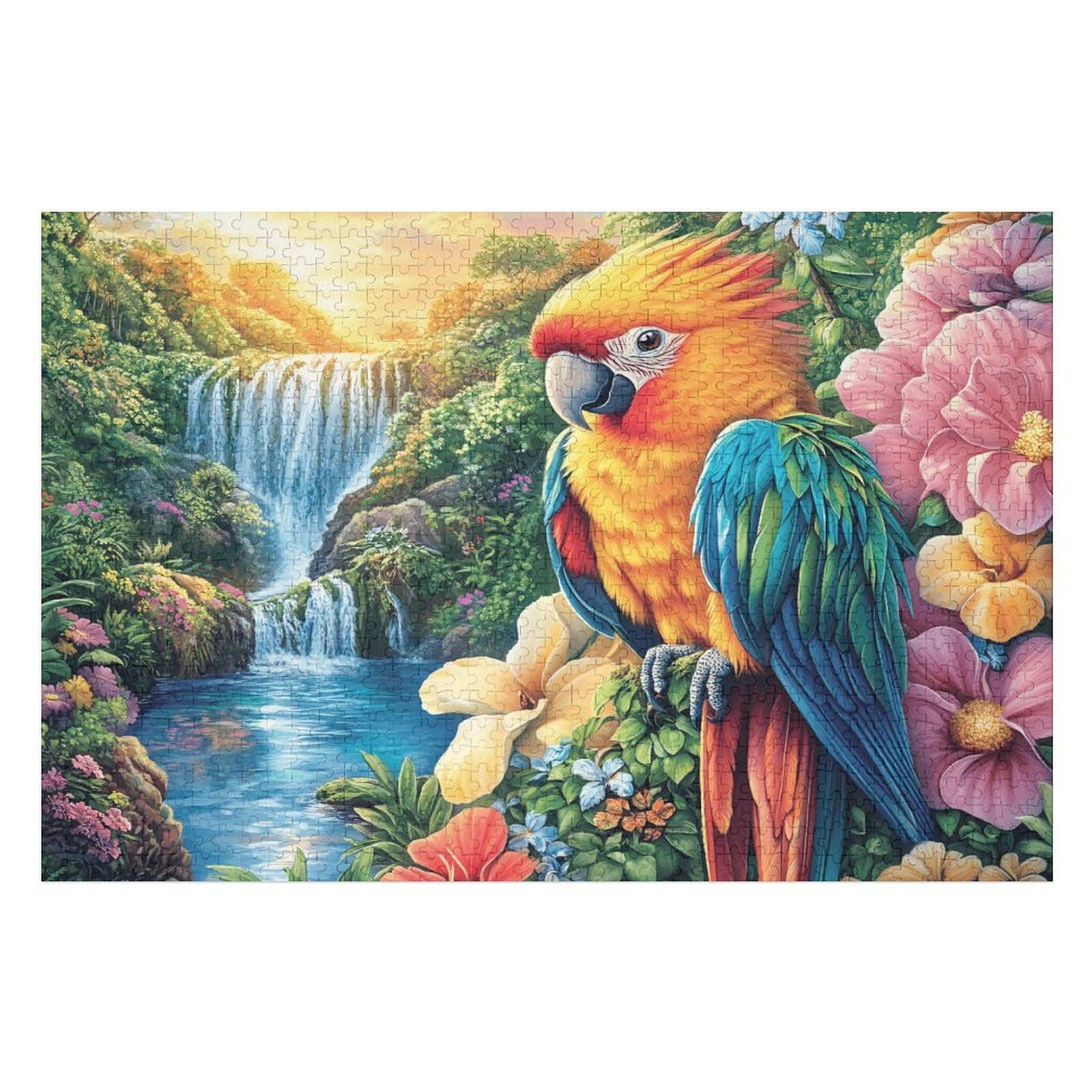 1000 Piece Jigsaw Puzzle for Adults Macaw Parrot Waterfall 75x50cm Art Therapy Puzzle Great for Mental Health Stress Relief Emotional Regulation Relaxation Gift