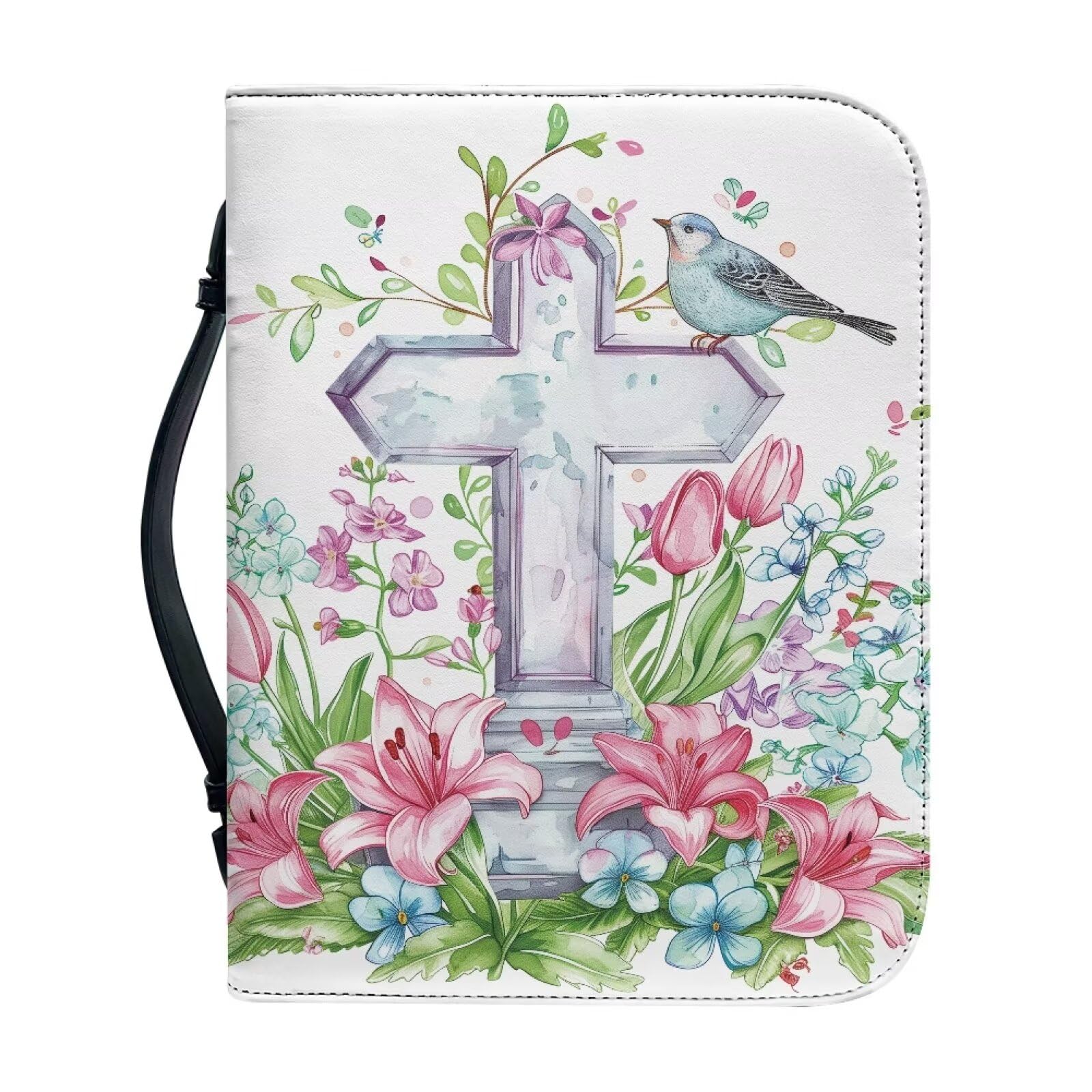 Kuiaobaty Christian Cross Pattern Soft Leather Book Cover for Bible, Watercolor Sparrow Floral Novel Book Carry Case with Inside Slots for Phone,Pen