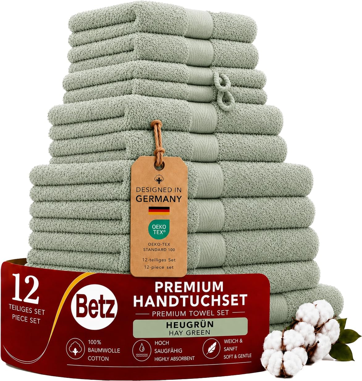 Betz Set di asciugamani in spugna Premium da 12 pezzi - 2 teli bagno - 4 asciugamani - 2 asciugamani per ospiti - 2 lavette - 2 guanti da bagno (verde fieno)