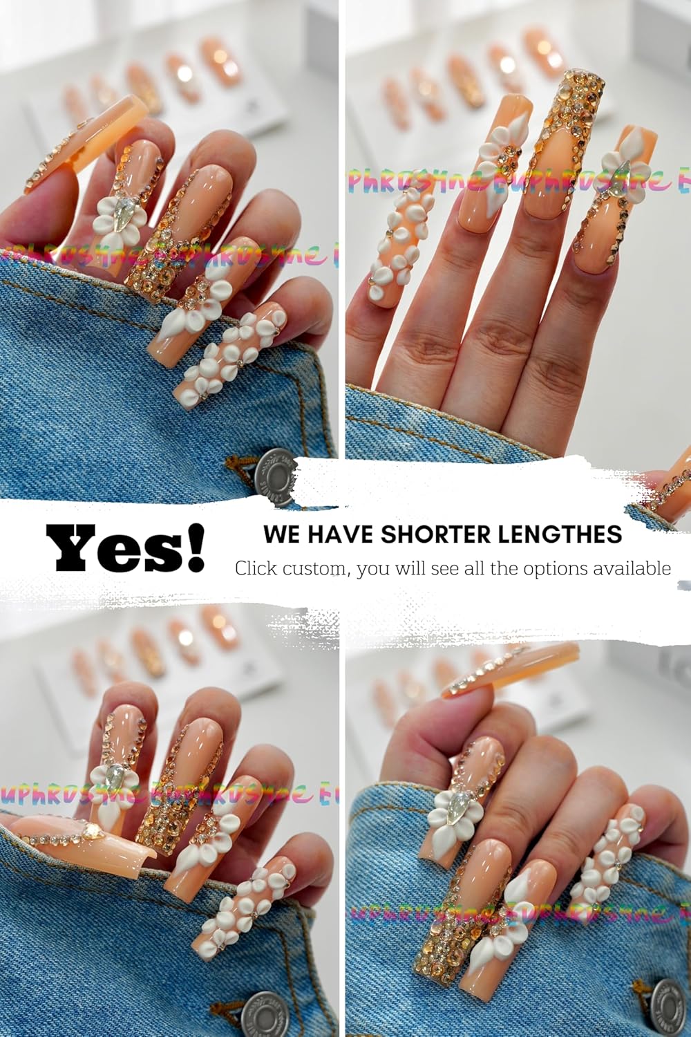 Euphrosyne Gothic Y2K Press On Nails – 10pcs Long Pink and White Square Fake Nails with 3D Cross Charms & Textured Tips