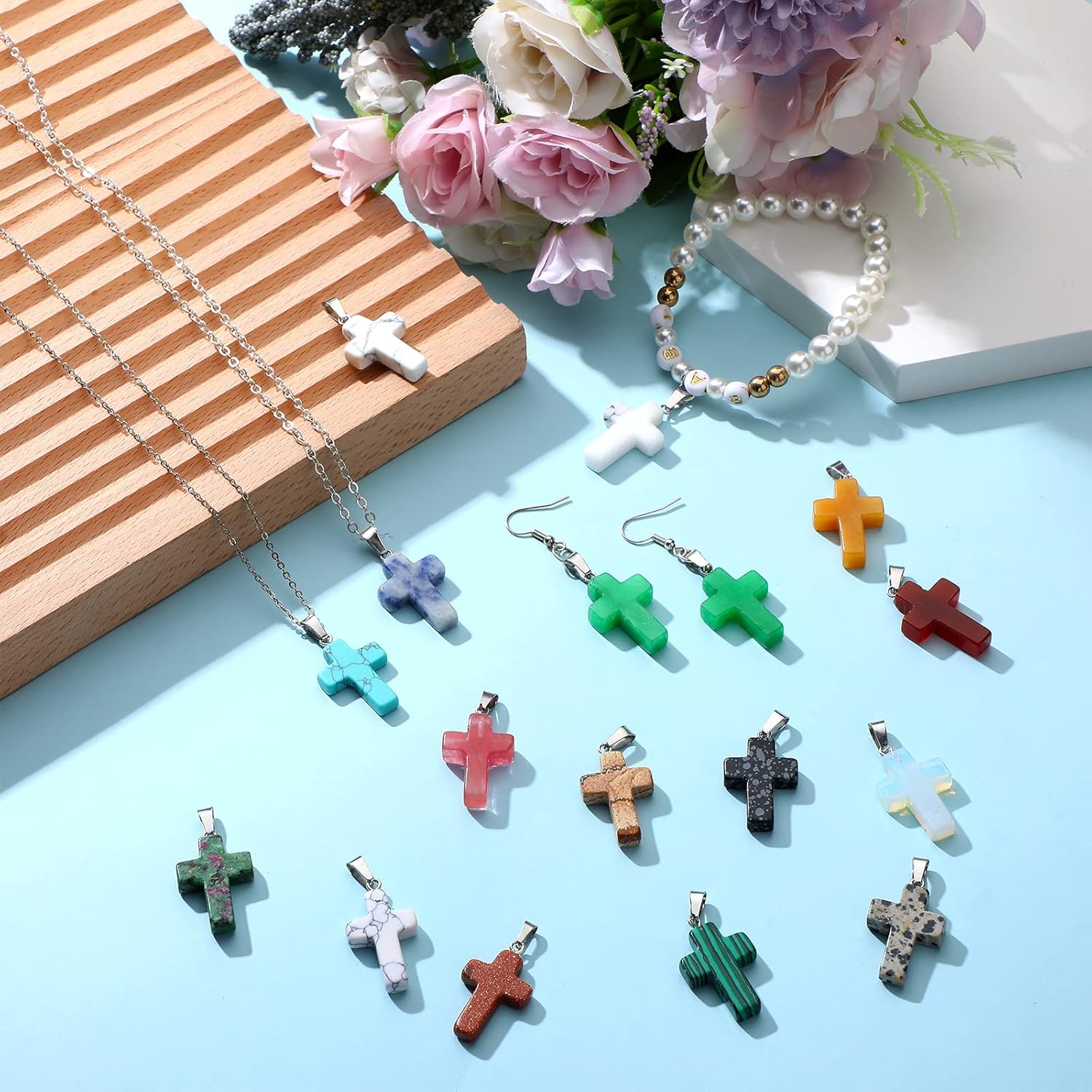 Inbagi 100 Pcs Natural Crystal Charms Bulk Assorted Stone Pendant Gemstone Pendants Charms Crystal Pocket Carved Quartz Chakra Reiki Beads Decor for Jewelry Making DIY Necklace Bracelet (Cross Style)