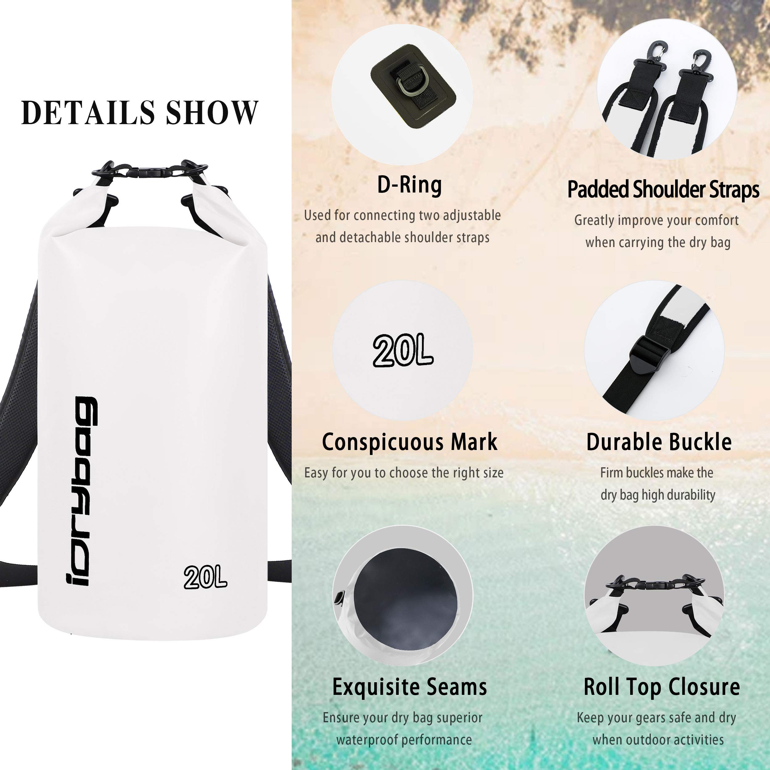 IDRYBAG Sacca Impermeabile per Kayak Impermeabili 2L/5L/10L/15L/20L/30L/40L, Sacchetto Impermeabile Piccolo che Galleggia, Sacca Impermeabile per Paddleboarding e Viaggi