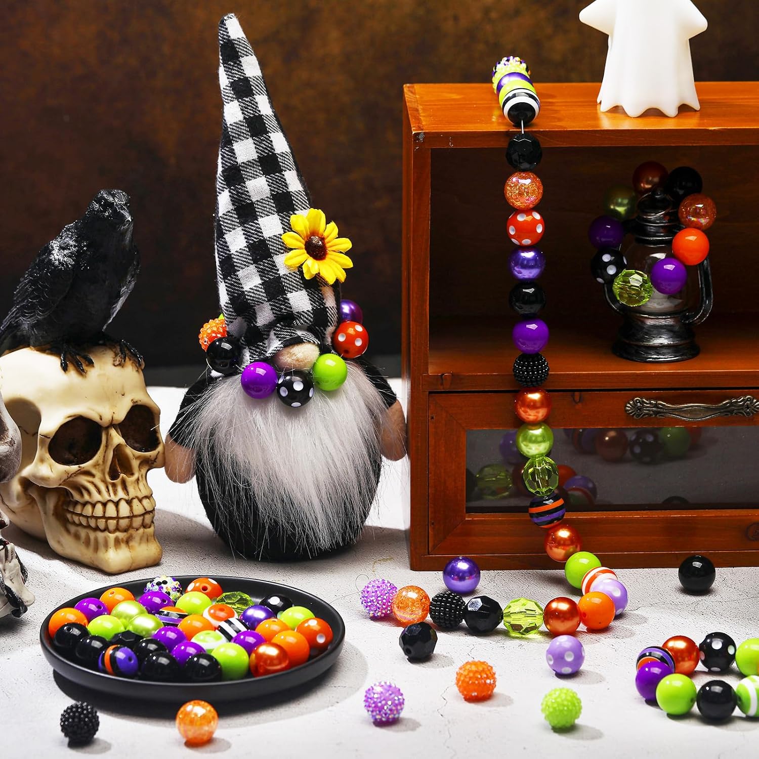 Poen 100 Pcs 20 mm Halloween Rhinestone Bubblegum Beads for Pens Bulk Crystal Resin Acrylic Plastic Spacer Chunky Beads for Halloween DIY Craft Keychain Necklace Bracelet Jewelry Making Holiday Decor - Image 5