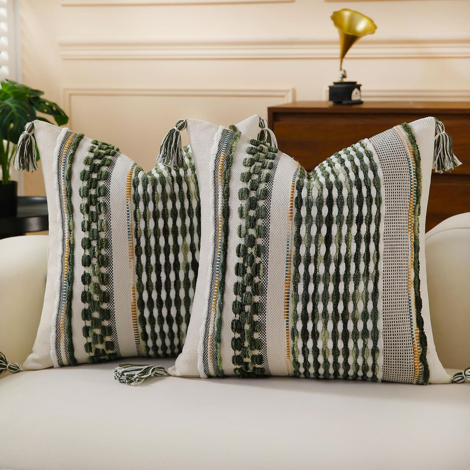 Set of 2 Boho Pillow Covers with Tassels Olive Green 18x18 Inch Farmhouse Decorative Chenille Tufted Striped Throw Pillow Covers, Neutral Accent Square Pillowcase for Couch Bed Living Room
