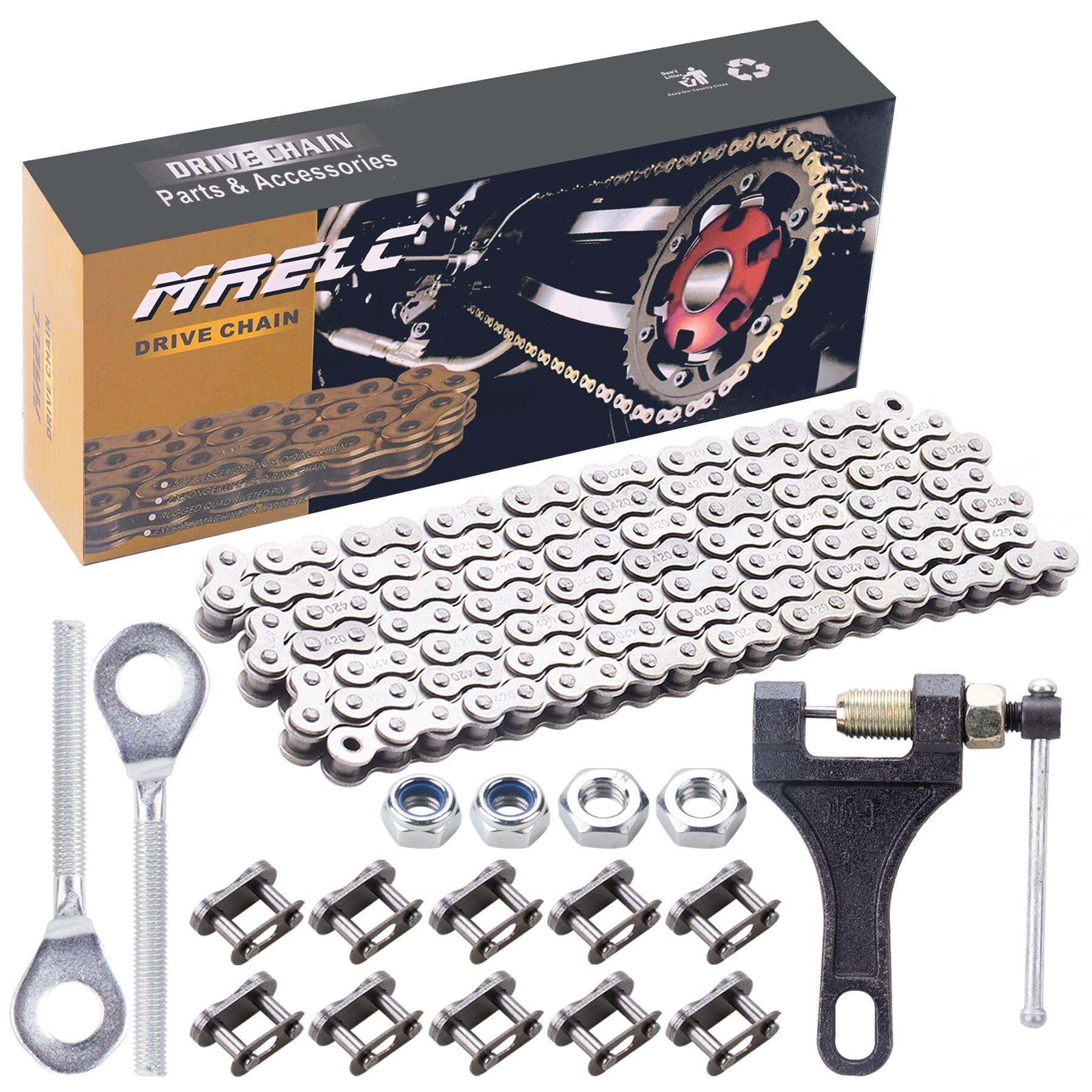 MRELC 420 Motorcycle Chain 132 Links +Chain Breaker,420 Standard Roller Chain 132 Link for 50 70 90 110 125cc SSR TaoTao Coolster Apollo Chinese ATV 4