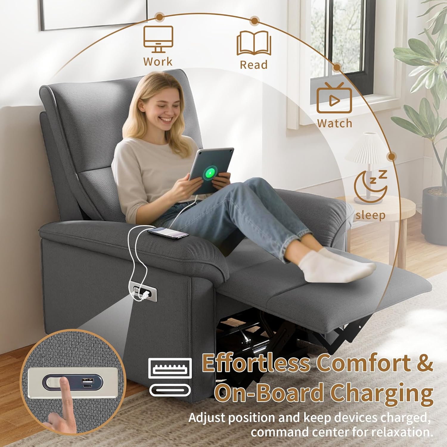 Wall Hugger Power Recliner Chair, Zero Wall Electric Recliner Chairs with USB Port, Snowflake Velvet Space Saving Large Recliner for Living Room, RV, Home Theater