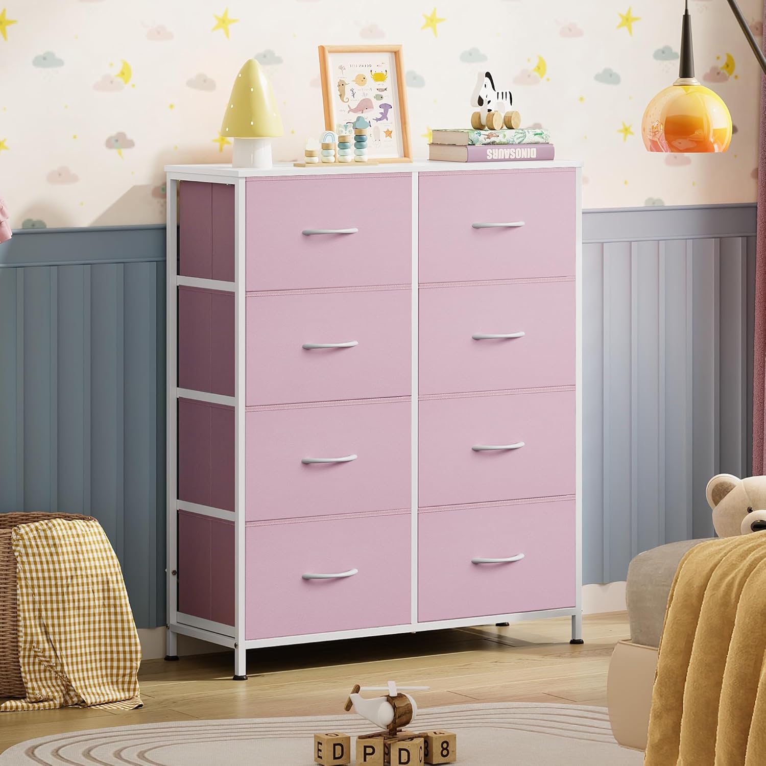 WLIVE Fabric Dresser for Bedroom, Tall Dresser with 8 Drawers, Storage Tower with Fabric Bins, Double Dresser, Chest of Drawers for Closet, Playroom, Dormitory, A-Pink