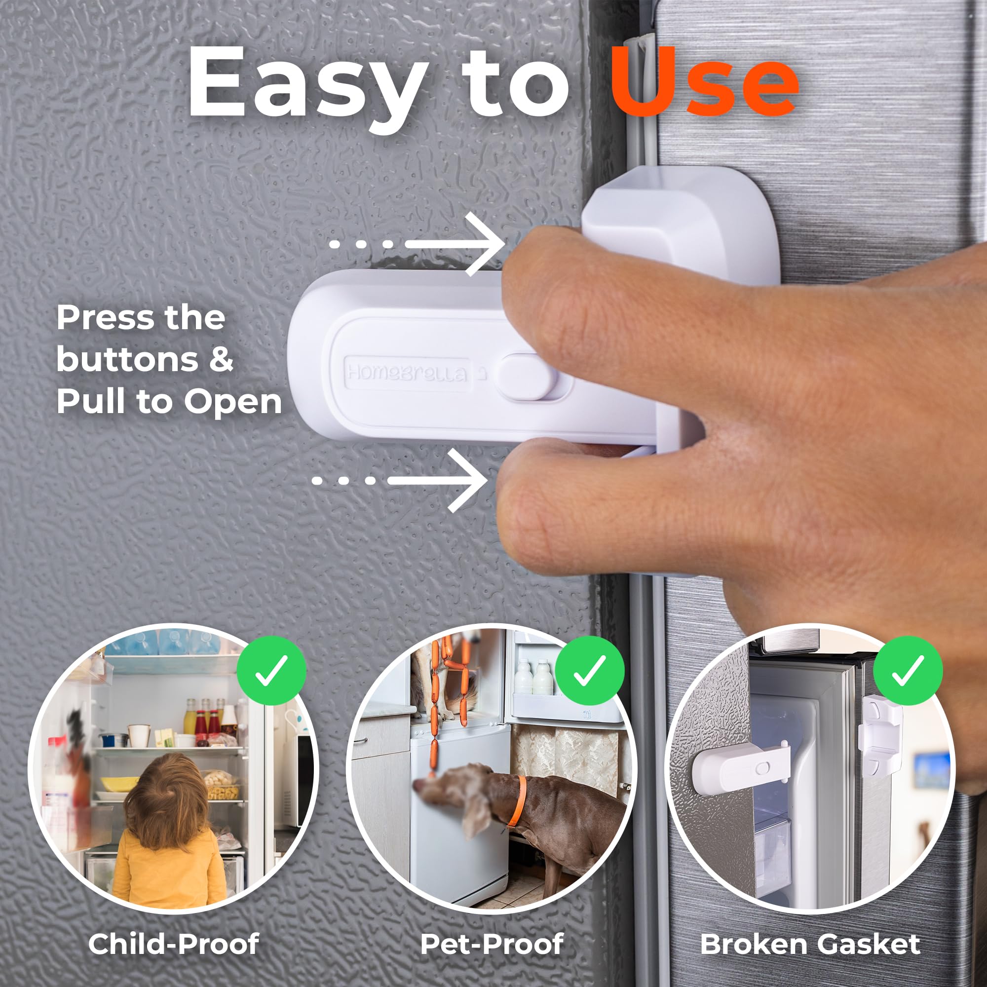 Paquete de 2 cerraduras para nevera a prueba de niños con adhesivo, no requiere herramientas, cerradura de refrigerador para niños, pestillo de congelador para mantener la puerta cerrada, para niños