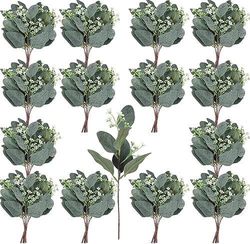 65 tallos de eucalipto, tallos de vegetación artificial, tallos de eucalipto de dólar plateado con 390 hojas de eucalipto, ramas de semillas blancas