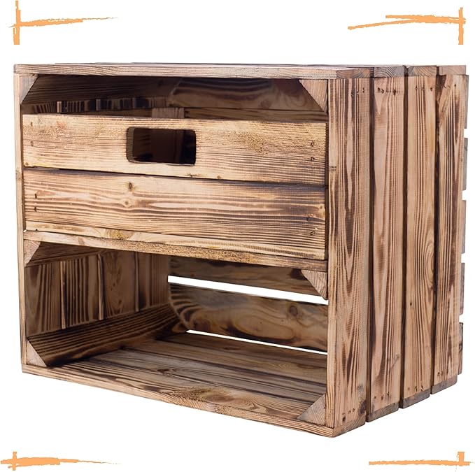 Obstkisten-Online Vintage Holzkisten im Obstkisten Apfelkisten Style Deko mit Weinkisten Geflammt/Weiß/Natur/Schwarz/Grau 50x40x30cm Schublade Regal Boden Schuhregal Zwischenboden(Geflammt Schublade)