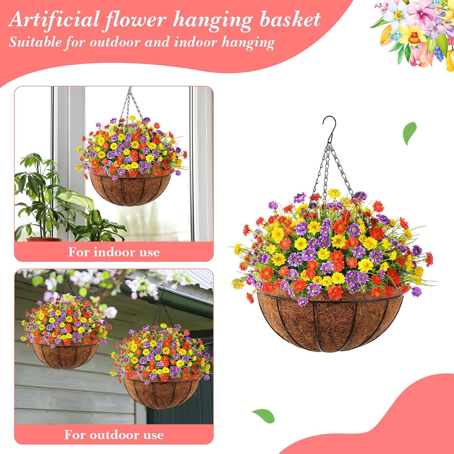 Lyrow 2 Set Artificial Hanging Flowers with Coconut Lining Basket UV Resistant Faux Hanging Plants with 36 Pcs Flowers Outdoors Fake Plants Spring Summer Decoration for Porch Patio Garden Home