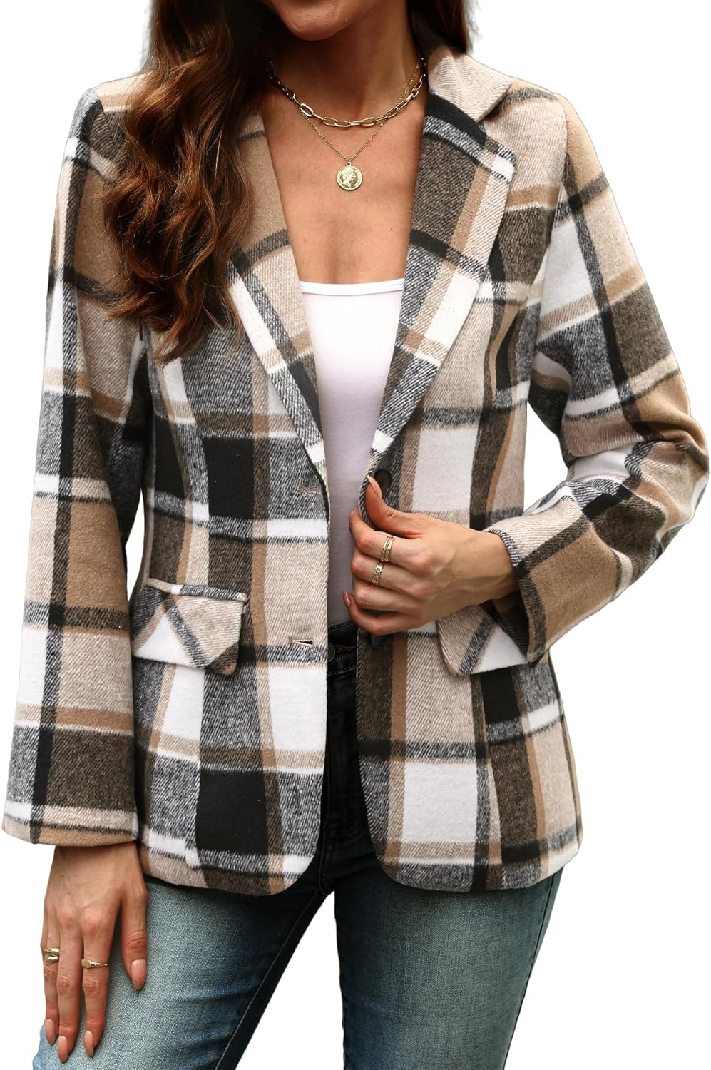 ELLEVEN Women's Lapel Collar Plaid 2 Button Boyfriend Blazer Suit Houndstooth Work Office Blazer Jacket