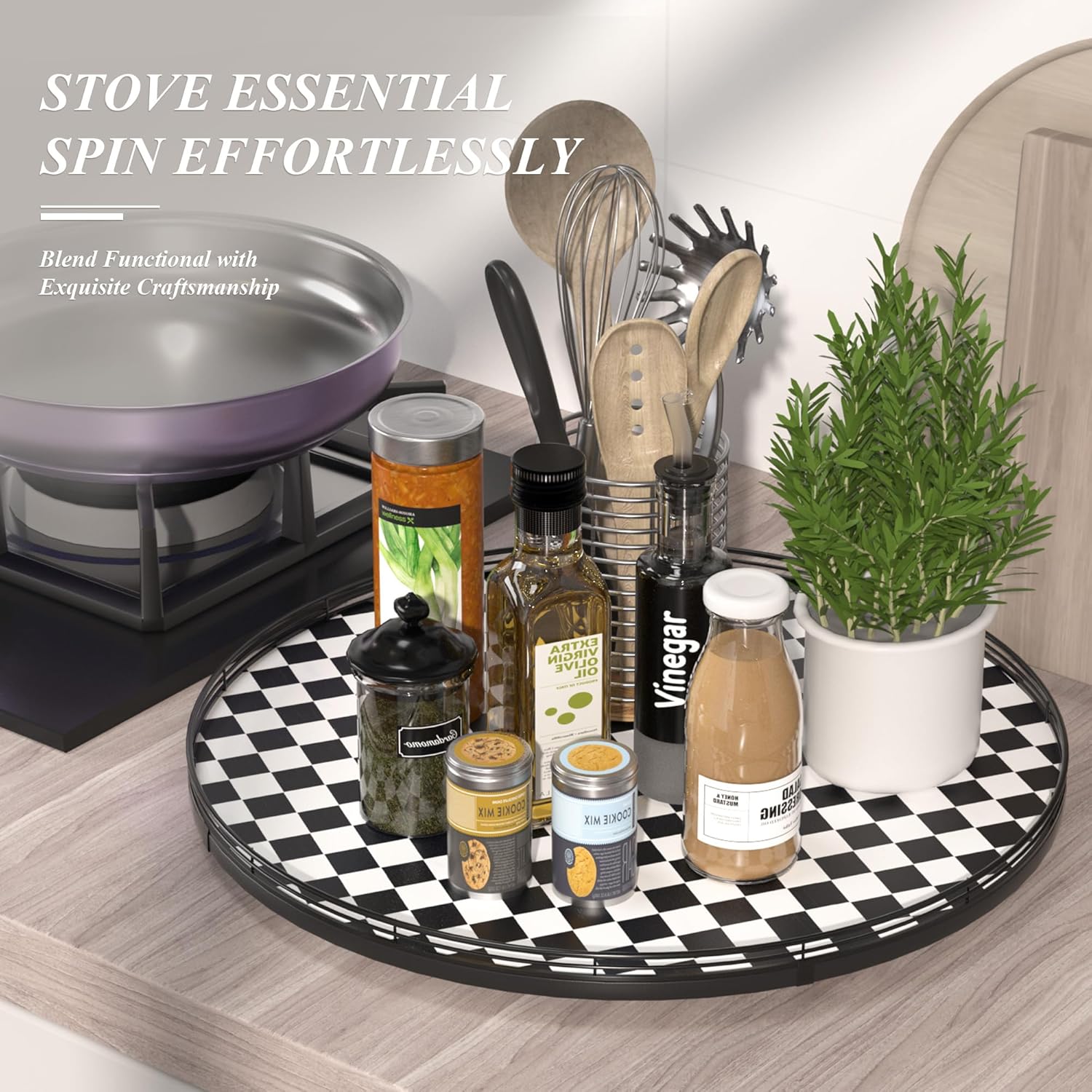 24" Black and White Kitchen Lazy Susan Turntable, Round Checkered Decorative Tray, Large Lazy Susan for Dining Table Centerpiece, Pantry, Kitchen, Bathroom, Countertop, Cupboard, Home Decor