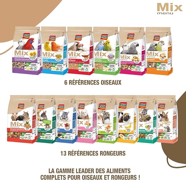 Riga - Menu Mix Grandes Perruches - Mix Vitaminé - Nourriture Oiseaux - Graines - Oligo-Eléments Et Coquilles De Mer Concassées - Croissance Et Brillance Plumage - 0% Colorant/Conservateurs - 900 g - 5