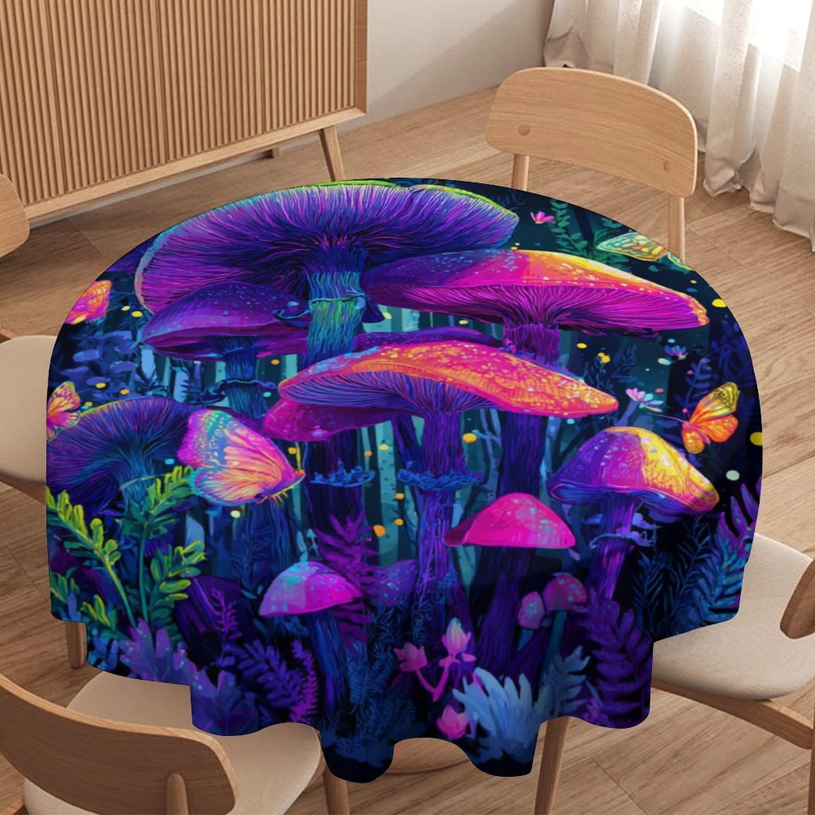 LUYYSKY Vintage Classic Mushroom Waterproof Round Tablecloth Modern Oil Painting Botanical Boho Mushroom Animal Butterfly Pattern Washable Table Cover for Kitchen-177.8" Wx177.8 L cm