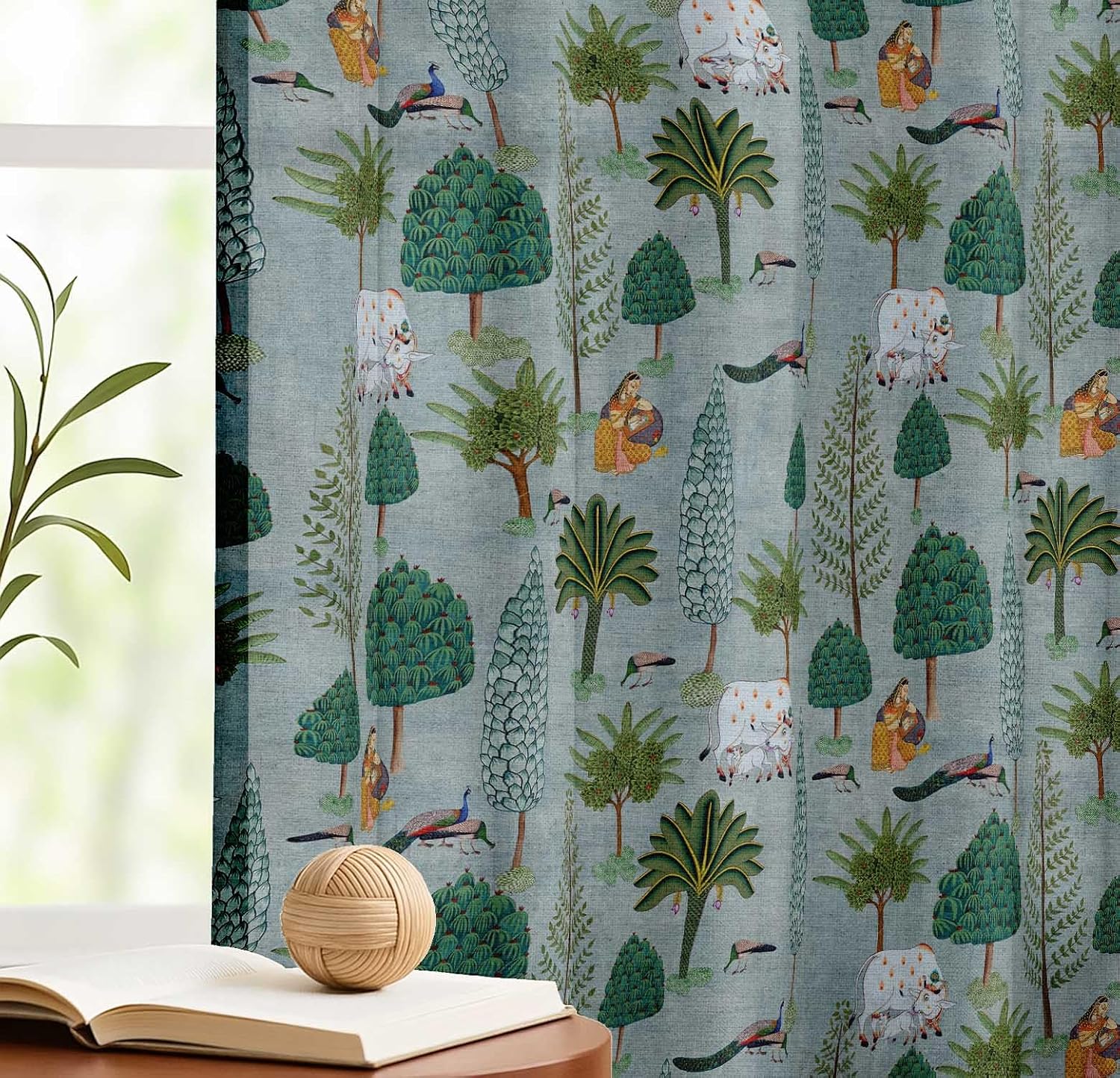 Cotton Curtains for Windows - 3-in-1 Rod Pocket/Back Tab Short Window Drapes - Light Filtering Cotton Canvas Panels - Set of 2, 52"x63" - Asian Print (Blue)