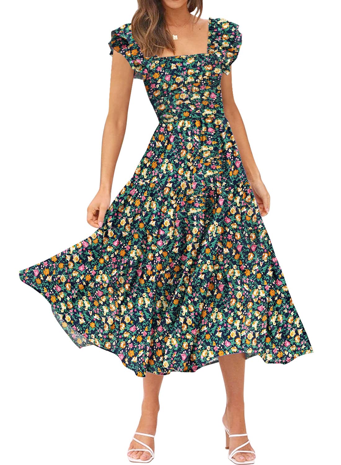 DOROSE Women's Summer Floral Dress Square Neck Smocked Boho Midi Dress Ruffle Tie Back Flowy Beach Long Tiered Dress