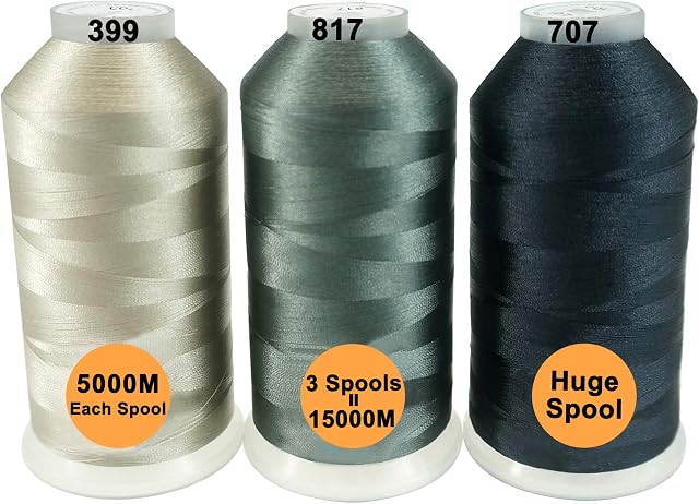 New brothread Set of 3 Different Gray Colors Polyester Machine Embroidery Thread Huge Spool 5000M for All Embroidery Machines