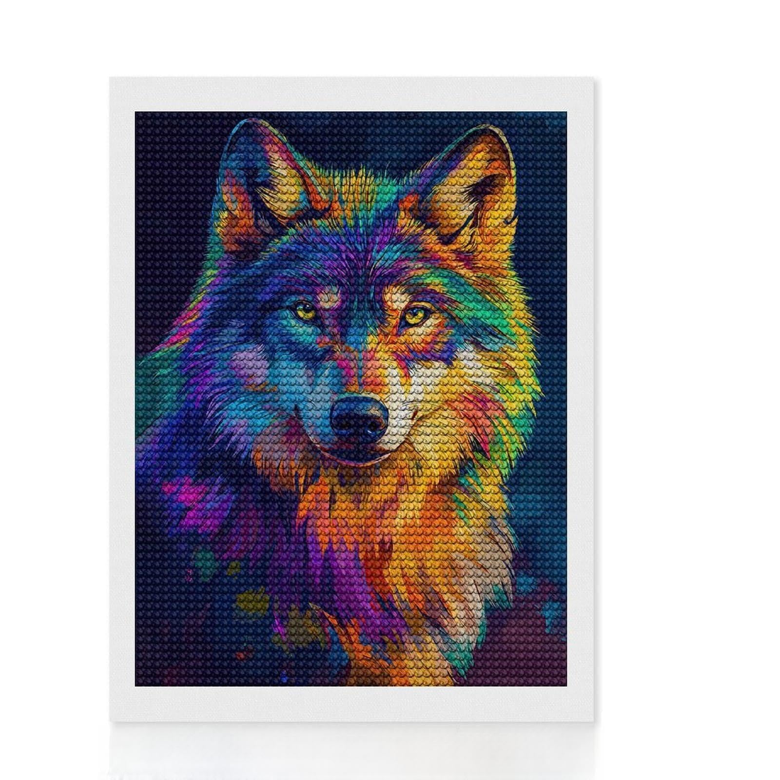 Junmoney Colorful Wolf Portrait Diamond Painting Canvas Kit 12"x16", Winter Craft, Home Decoration, Boho Decor, Thoughtful Present, Creative Hobby