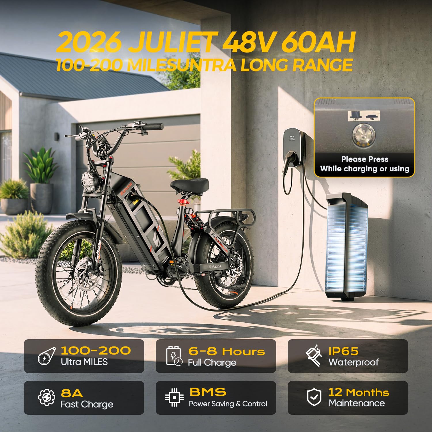 eAhora 2026 Juliet Electric Bike for Adults 50Kph Peak 1200W 48V 60AH Electric Bike 320+Kms Long Range Ebike 20"*4.0 Fat Tires Step Thru Electric Bicycle Full Suspension Ebikes Black