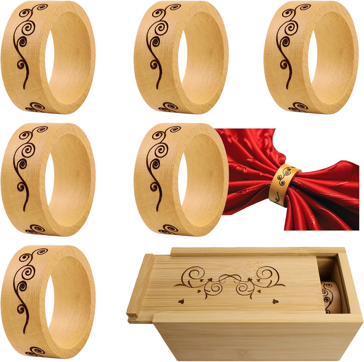 Wooden Napkin Rings Set of 6 and Bamboo Box Handmade