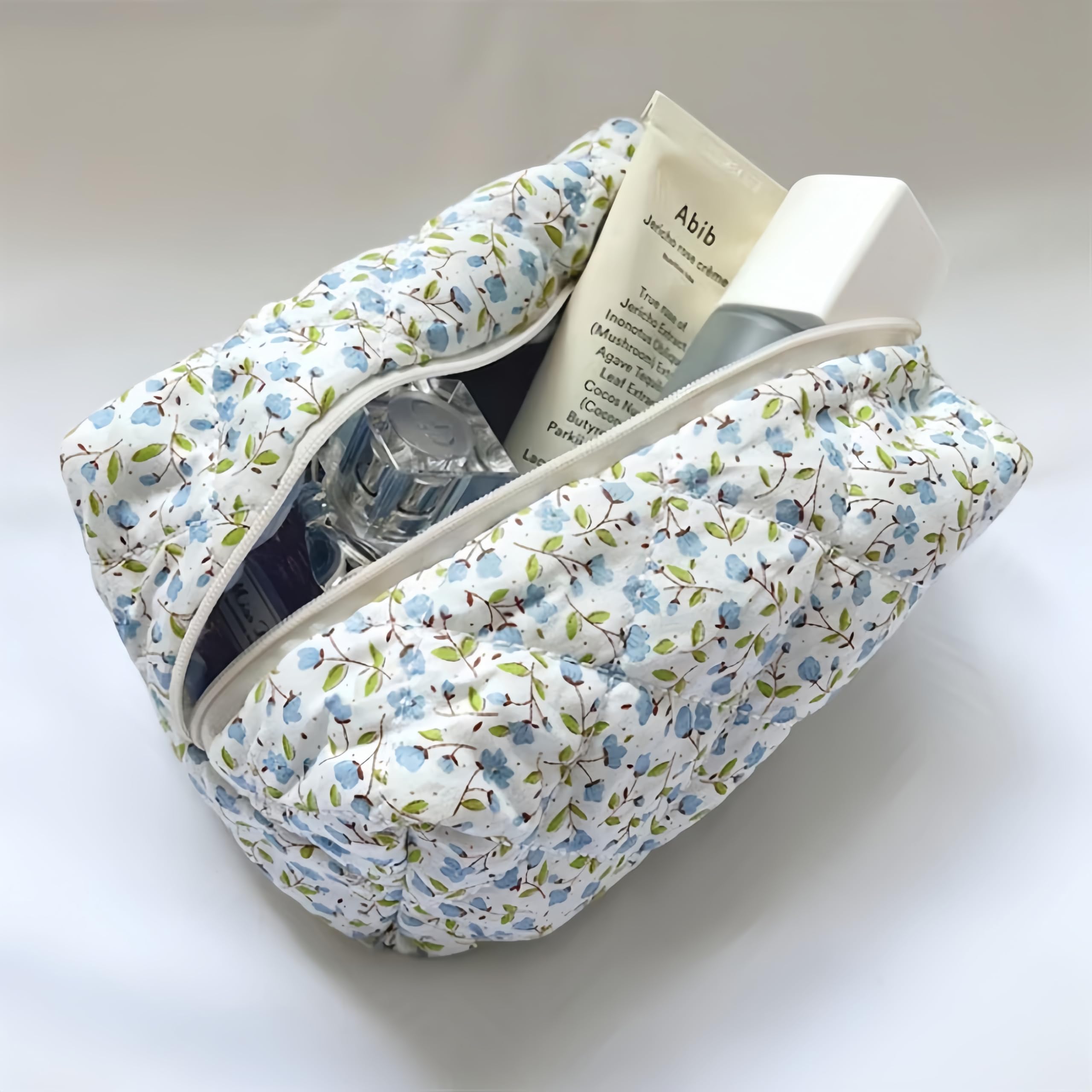 Aucuu Bolsa de cosméticos de Viaje, Bolsa de Maquillaje para Mujer, Bolsa de Aseo Acolchada para Mujer, Bolsa de cosméticos de Gran Capacidad, Bolsa de Maquillaje de algodón con Estampado Floral