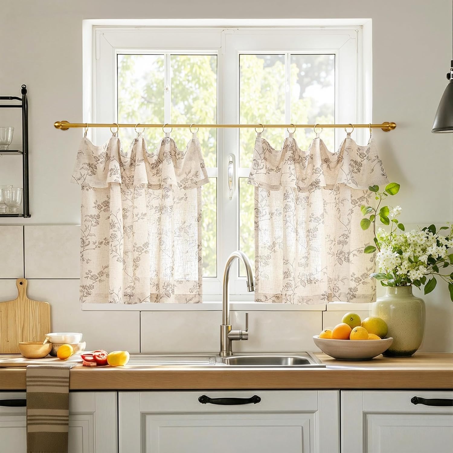 jinchan Floral Linen Kitchen Curtains with Attached Valance 24 Inch Length Farmhouse Cafe Tier Curtains for Living Room Bathroom Rustic Half Window Light Filtering Small Drapes 2 Panels Taupe