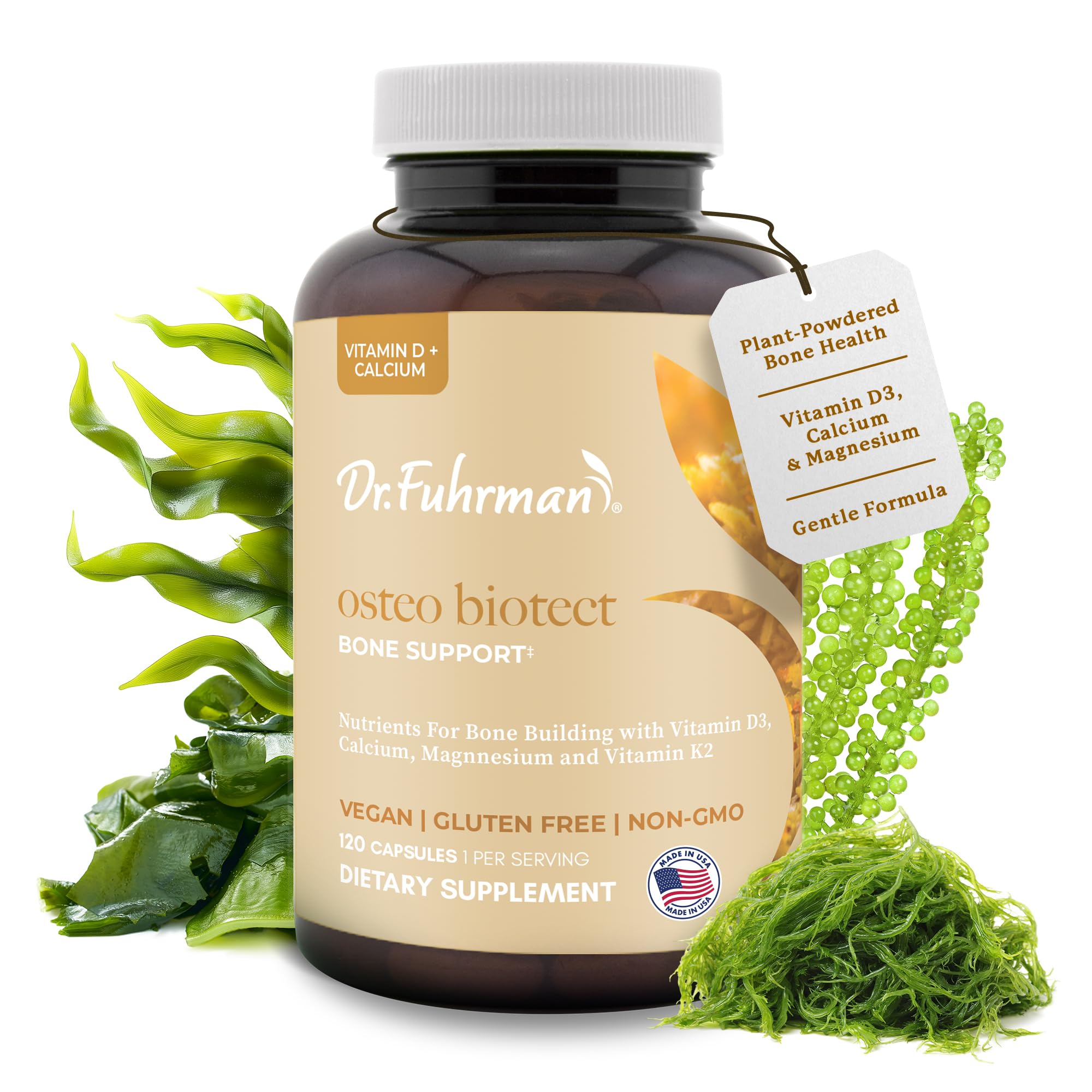Dr. Fuhrman Osteo Bone Health Supplement | Osteoporosis Supplement Wholefood Vitamin for Bone Density | Organic Vitamin D3, Food-Derived Calcium, Magnesium & K2 | with Natural Ingredients | 120 Caps