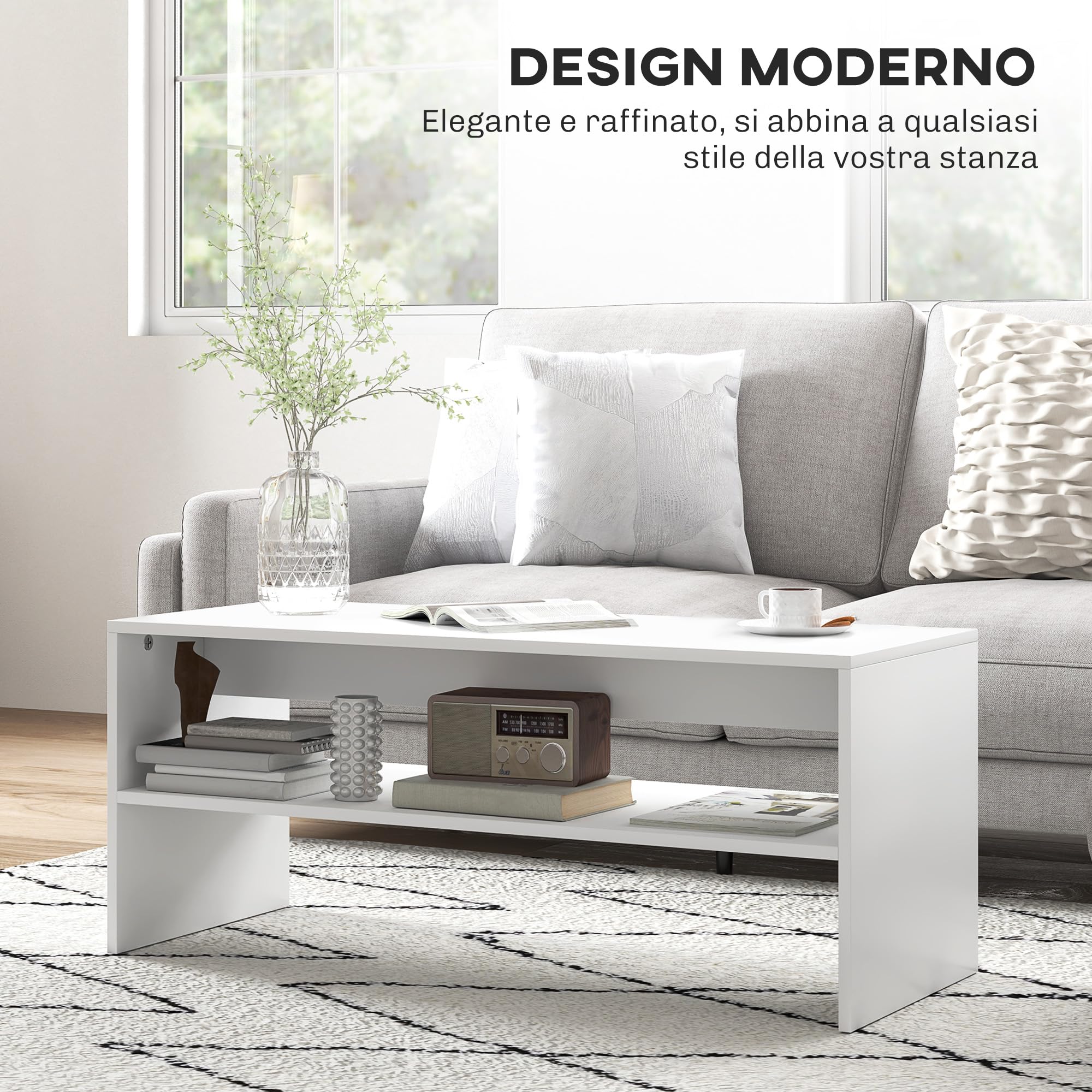 HOMCOM Tavolino da Caffè Moderno 2 Livelli 100x40x41.5 cm Bianco | Ripiano Aperto, Piedini Antiscivolo, Tavolino Basso in Truciolato