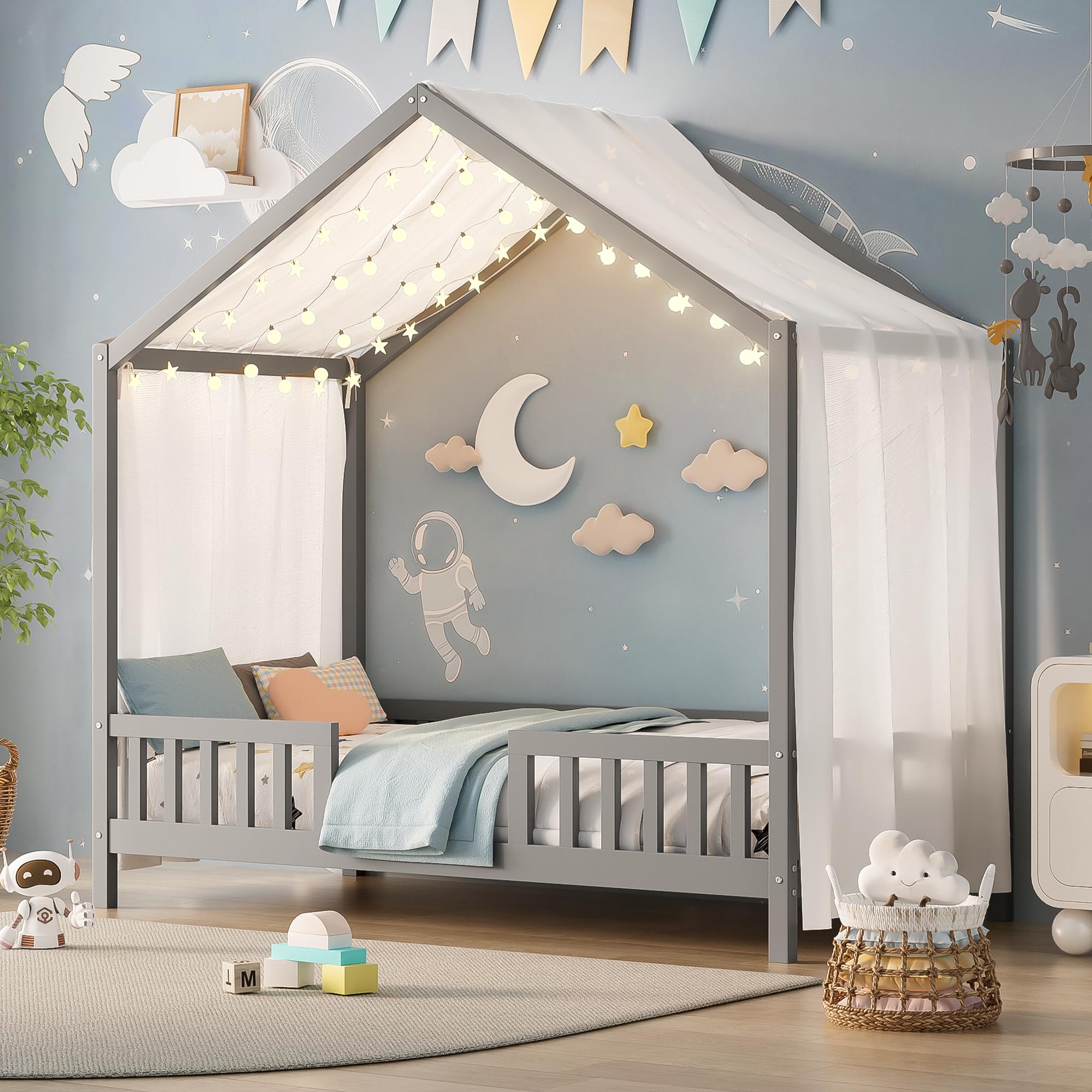 Floor Bed with Canopy, High Railings and Roof, Twin Size Wood House Bed Frame for Kids Bedroom