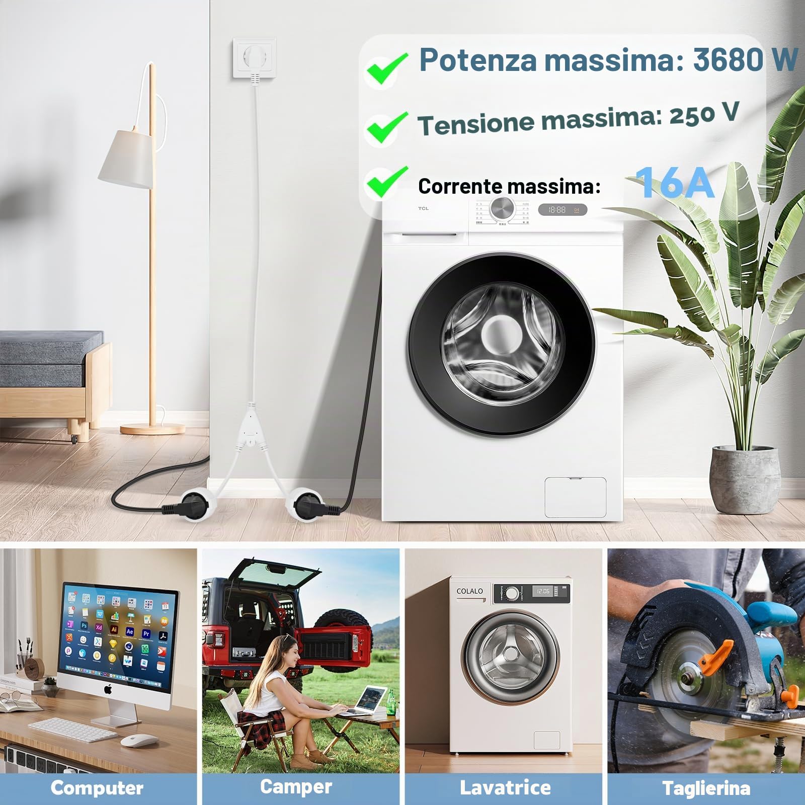 Adattatore 2 in 1, cavo di prolunga esterno con contatto di protezione, cavo di plastica AC, spina doppia per presa IP44, per casa, ufficio, esterno, fino a 250 V/16 A (Bianco)