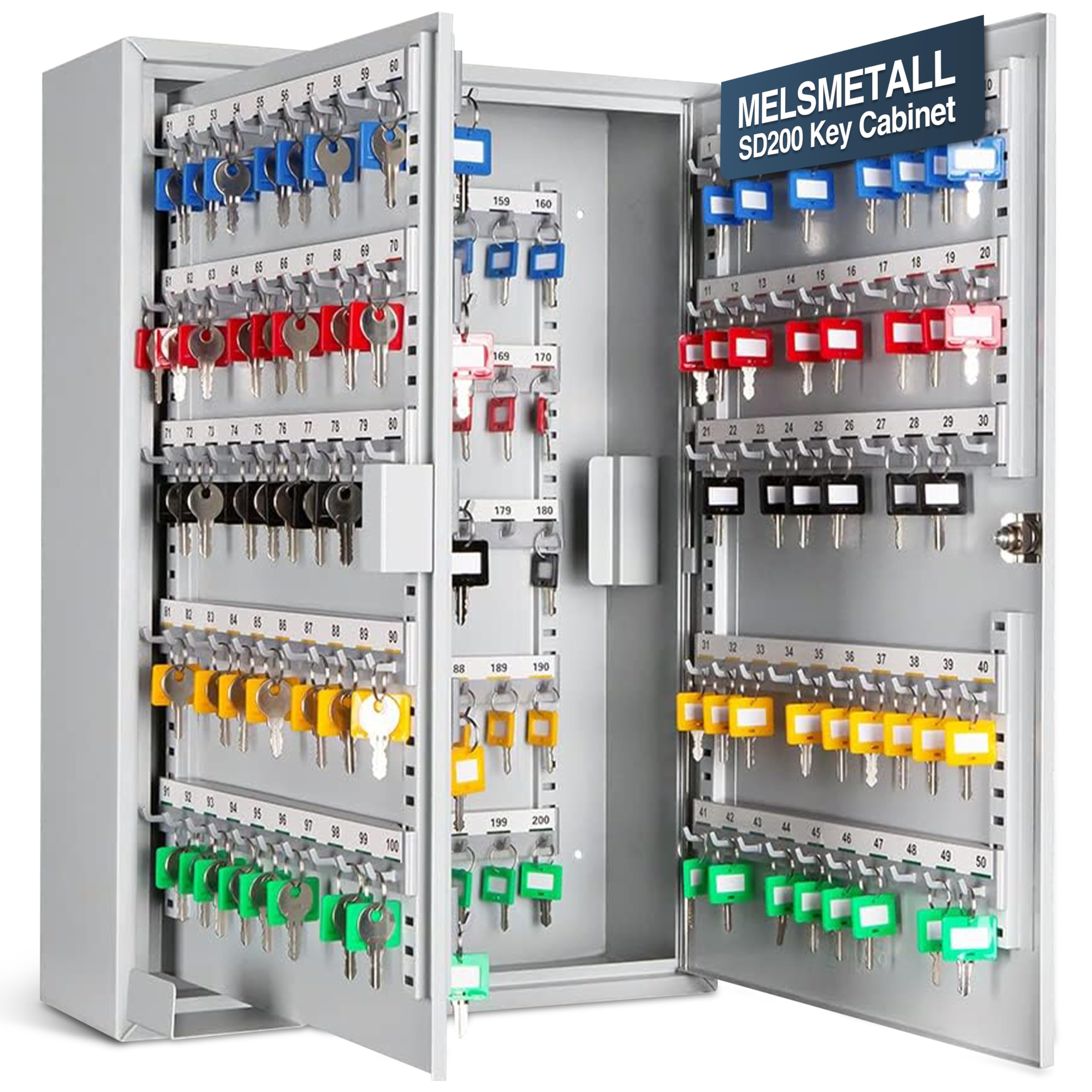 Schlüsselkasten SD200 – Schlüsselschrank mit 200 Haken, robuste Schlüsselbox aus Stahl, abschließbarer Safe, magnetische Außenseite, höhenverstellbare Leisten, Wandmontage (55x38x14cm)