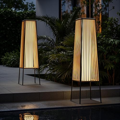Juego de 2 lámparas de pie para exteriores, faroles solares de ratán impermeables para exteriores, para balcón, terraza, jardín y patio (natural)