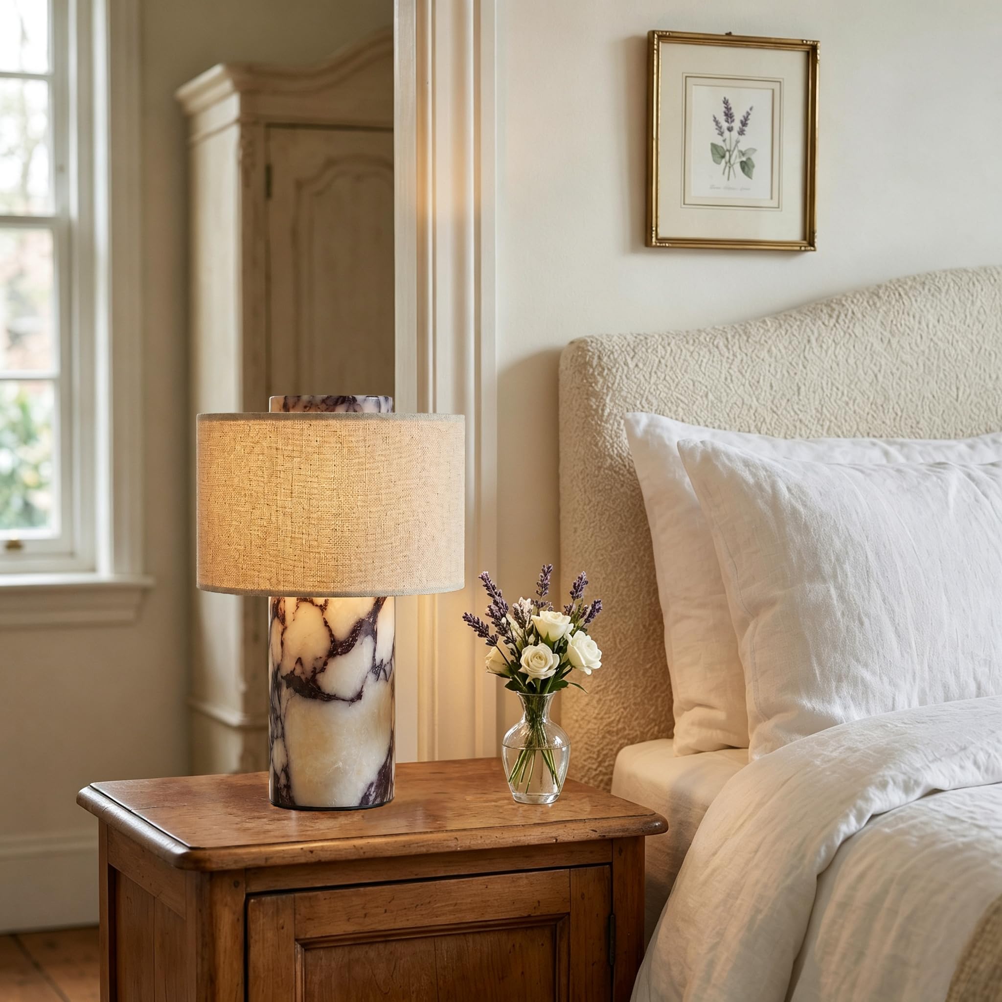 SAMAH Marmor-Touch-Lampe, luxuriöse Stein-Tischlampen, wiederaufladbare, schnurlose Marmor-Lampe, Leinentuch-Faser-Lampenschirm für Heimdekoration, Schlafzimmer, Büro