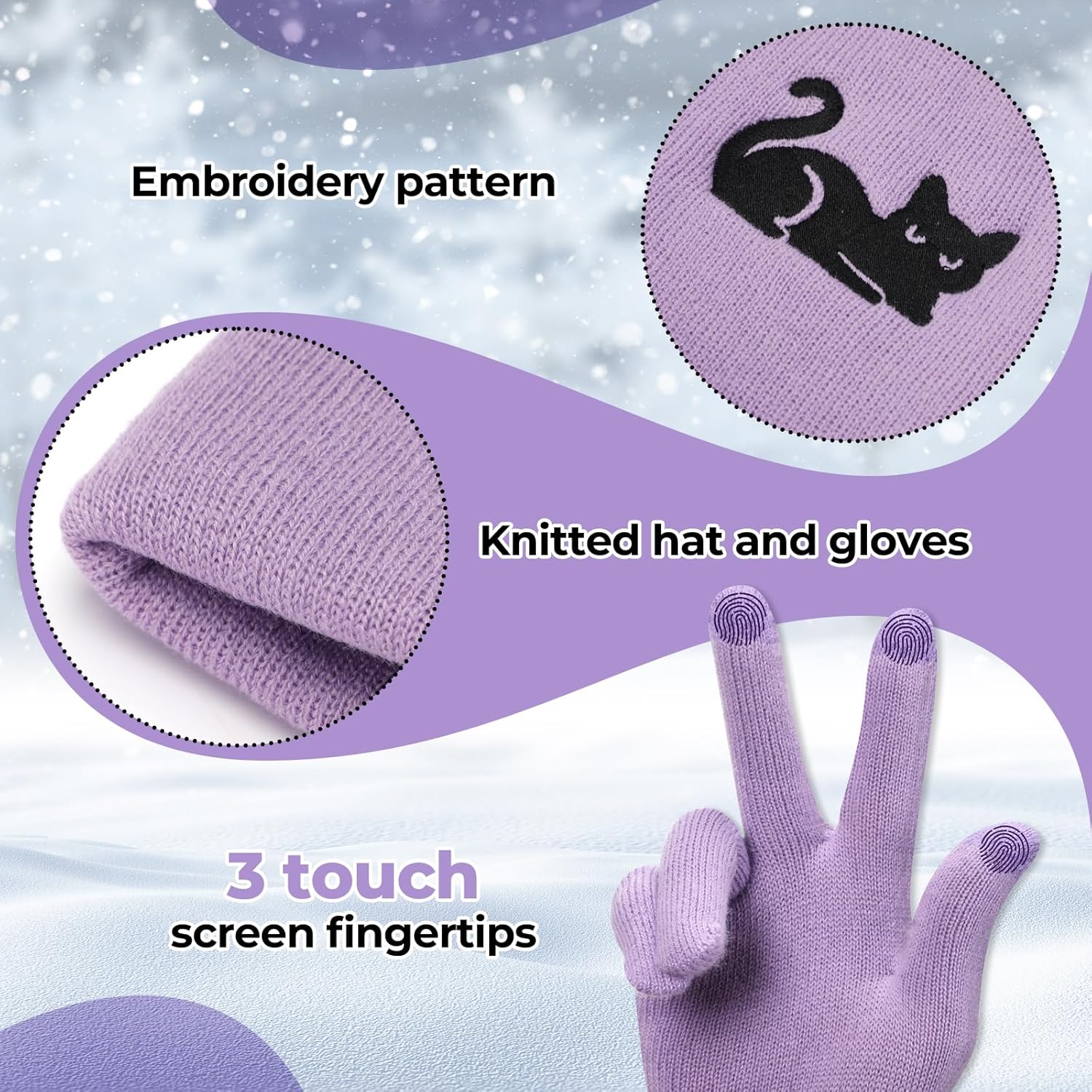 Vansoline Cat Beanie Hat and Gloves Women Winter Knitted Cap and Gloves for Cold Weather Winter Accessories (Purple) - Image 2