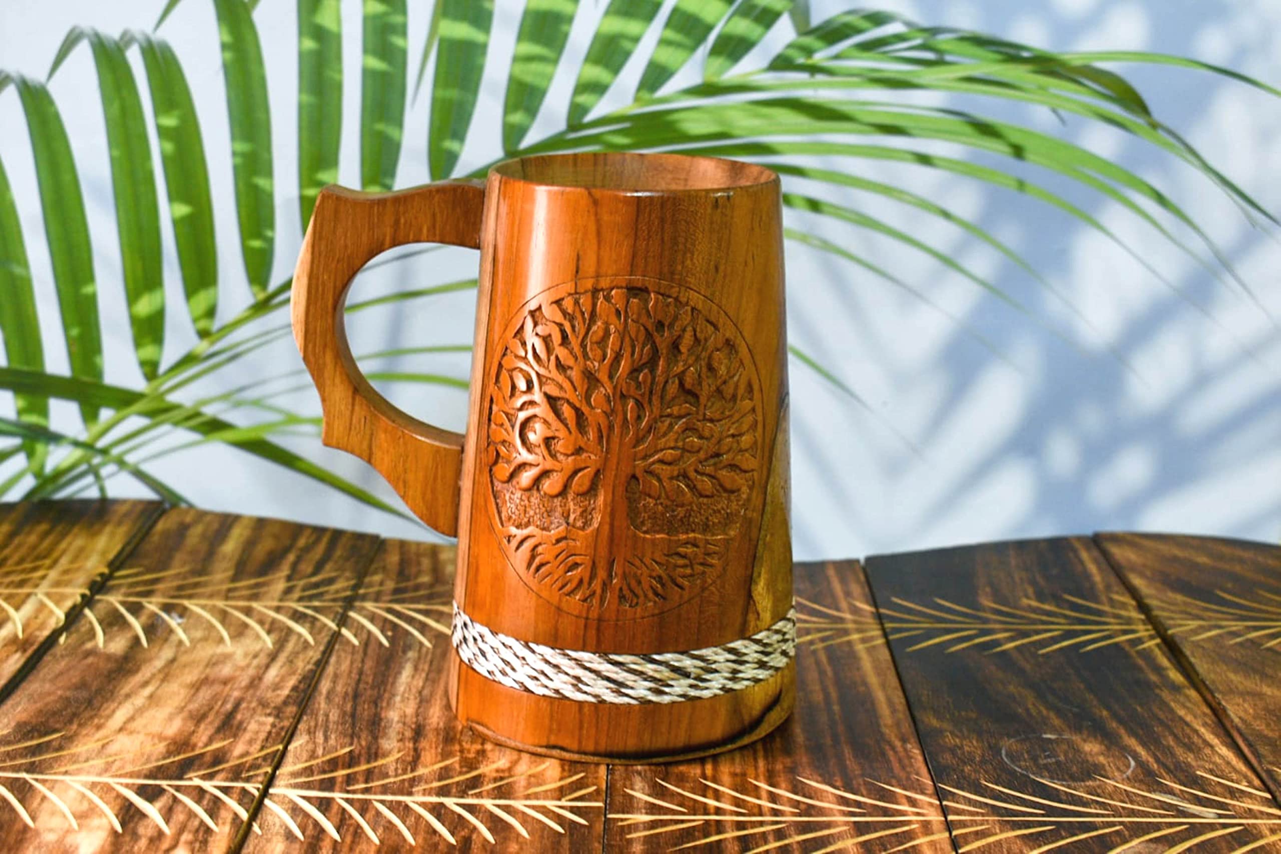 Chope à bière indienne pour lui - Style viking - 20 OZ - Chope à bière en bois dur naturel - Cadeau de mariage pour lui (gravure recto-verso en bois de sheesham, chope à bière)