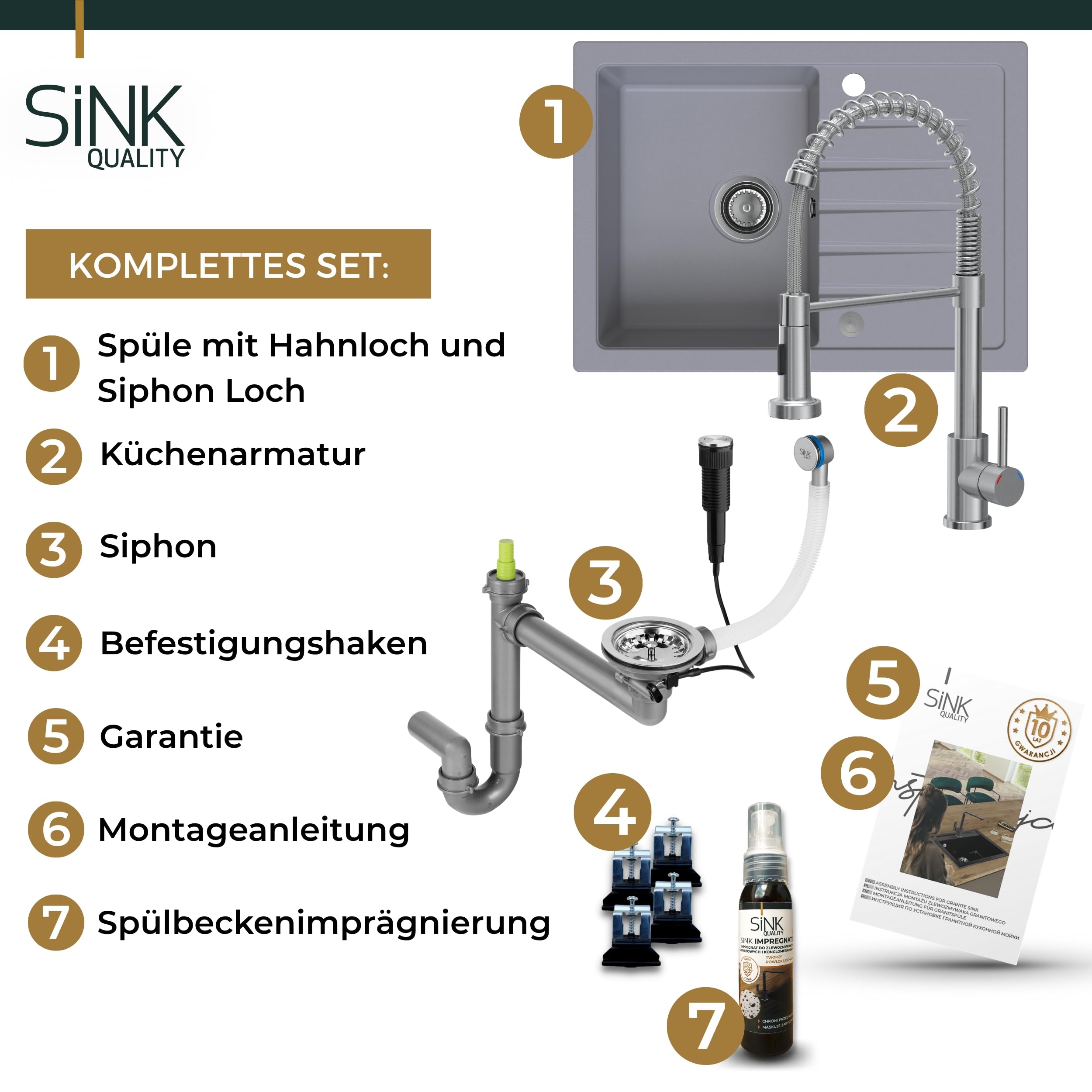 SINK Quality zlewozmywak szary z zestawem armatury 68 x 49,5 cm – zlewozmywak z kranem, syfonem Push i środkiem impregnującym – kompletny zestaw do szafki pod umywalkę z 45