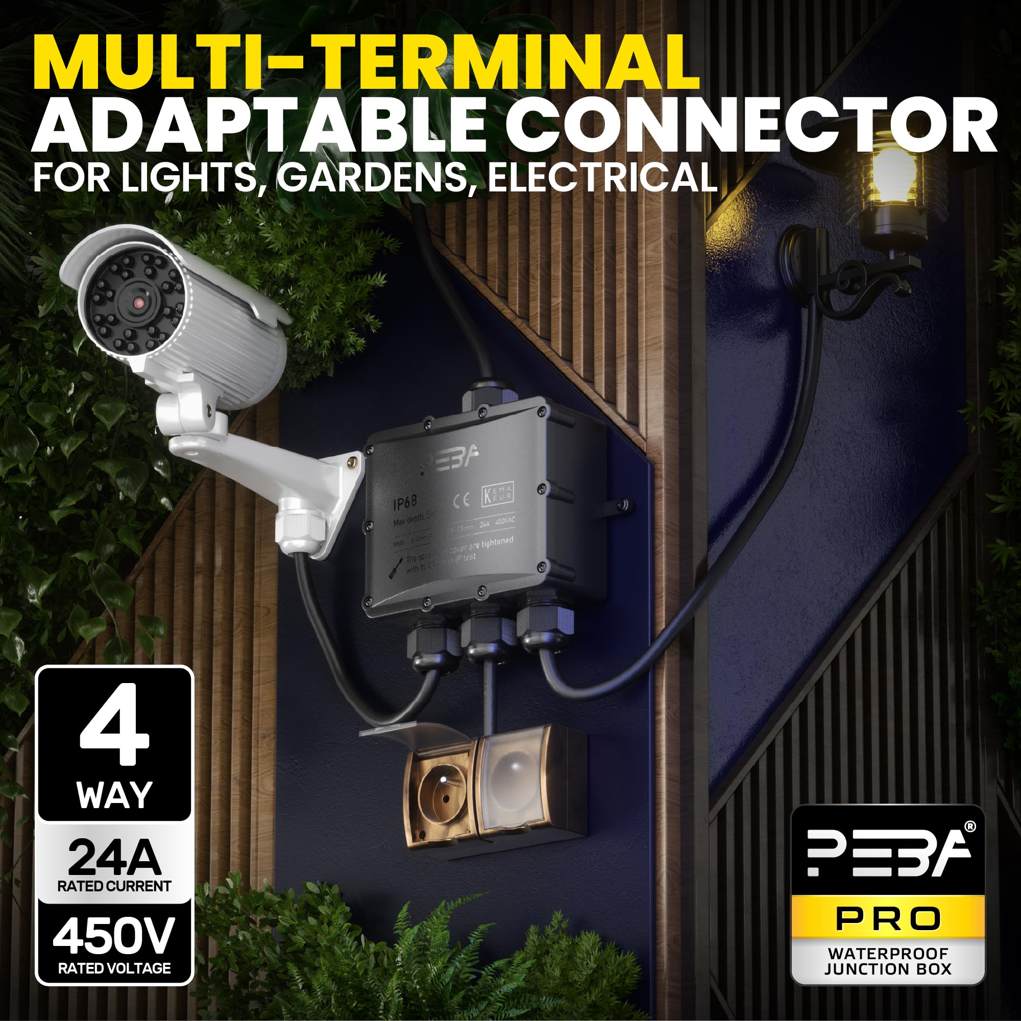PEBA Boîte dérivation étanche extérieur IP68, Connecteur étanche etanche à 4 Voies pour câble de 4-14 mm de diamètre, Boîtes de jonction extérieur pour jardin et câble souterrain, Noir