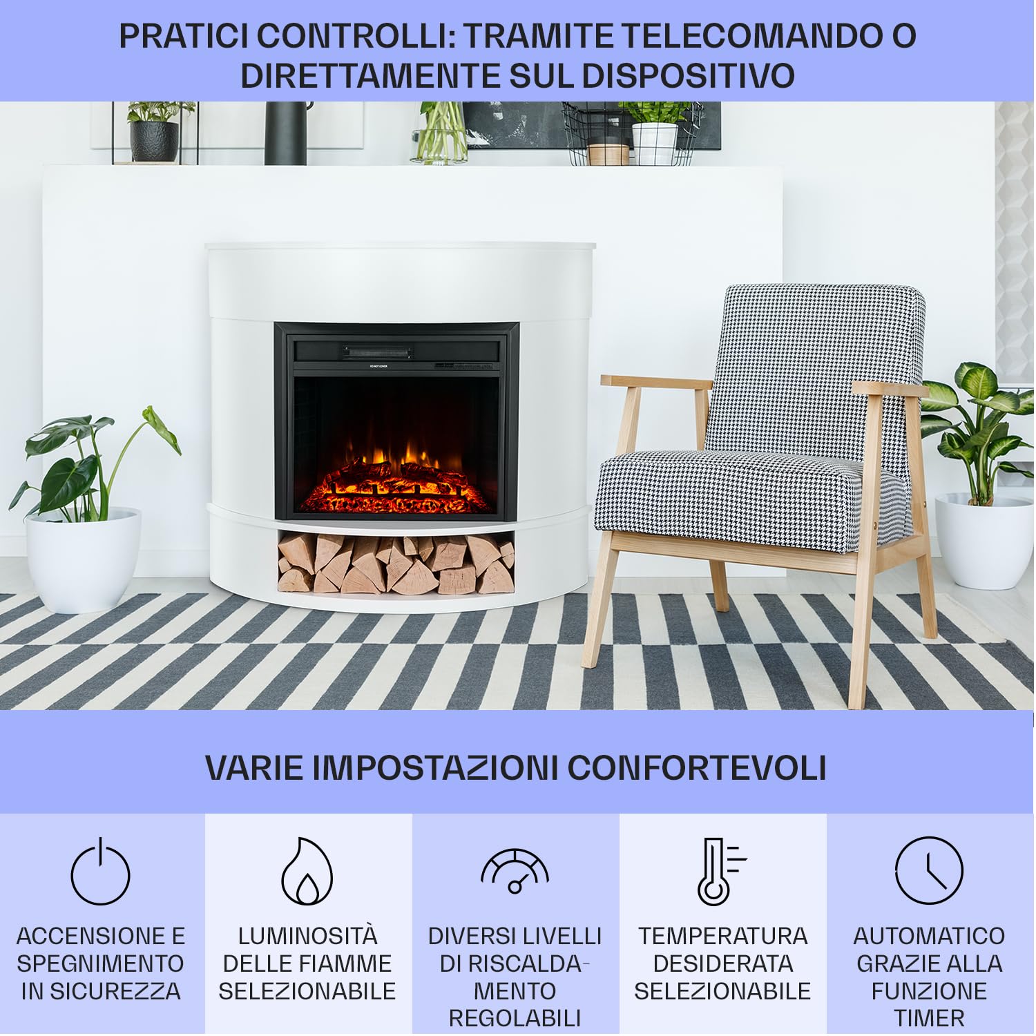 Klarstein Camino Elettrico Basso Consumo, Camino da Terra con Mensola, Elettrico da Parete, Caminetto 1800W, Finto Decorativo con LED, Telecomando, Timer, Controllo Temperatura