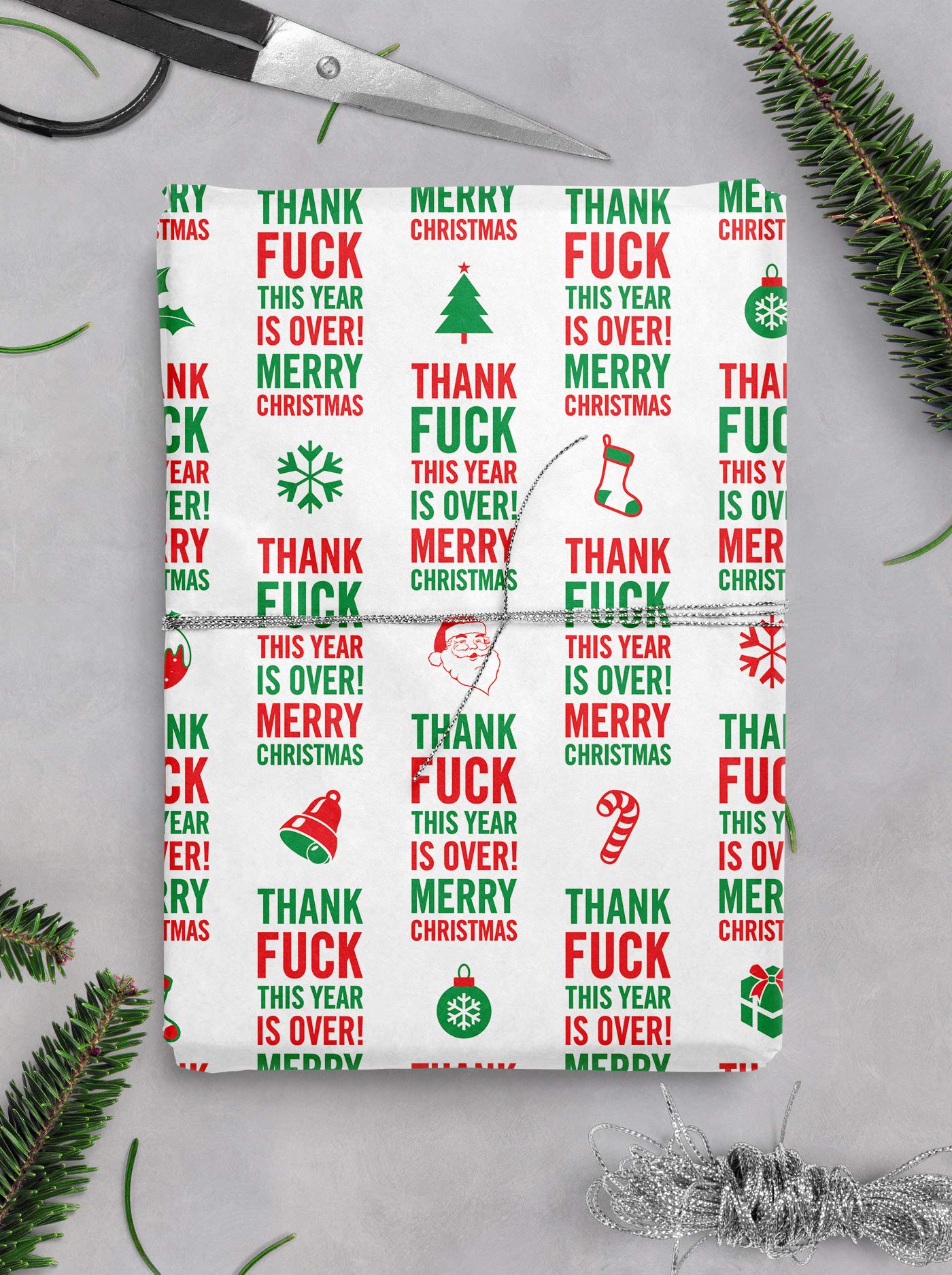 Brainbox Candy - 2 Sheets Of 'Thank F This Year Is Over' Funny Christmas Wrap - Rude Offensive Xmas Wrapping Paper - Giftwrap For Adults With A Cheeky