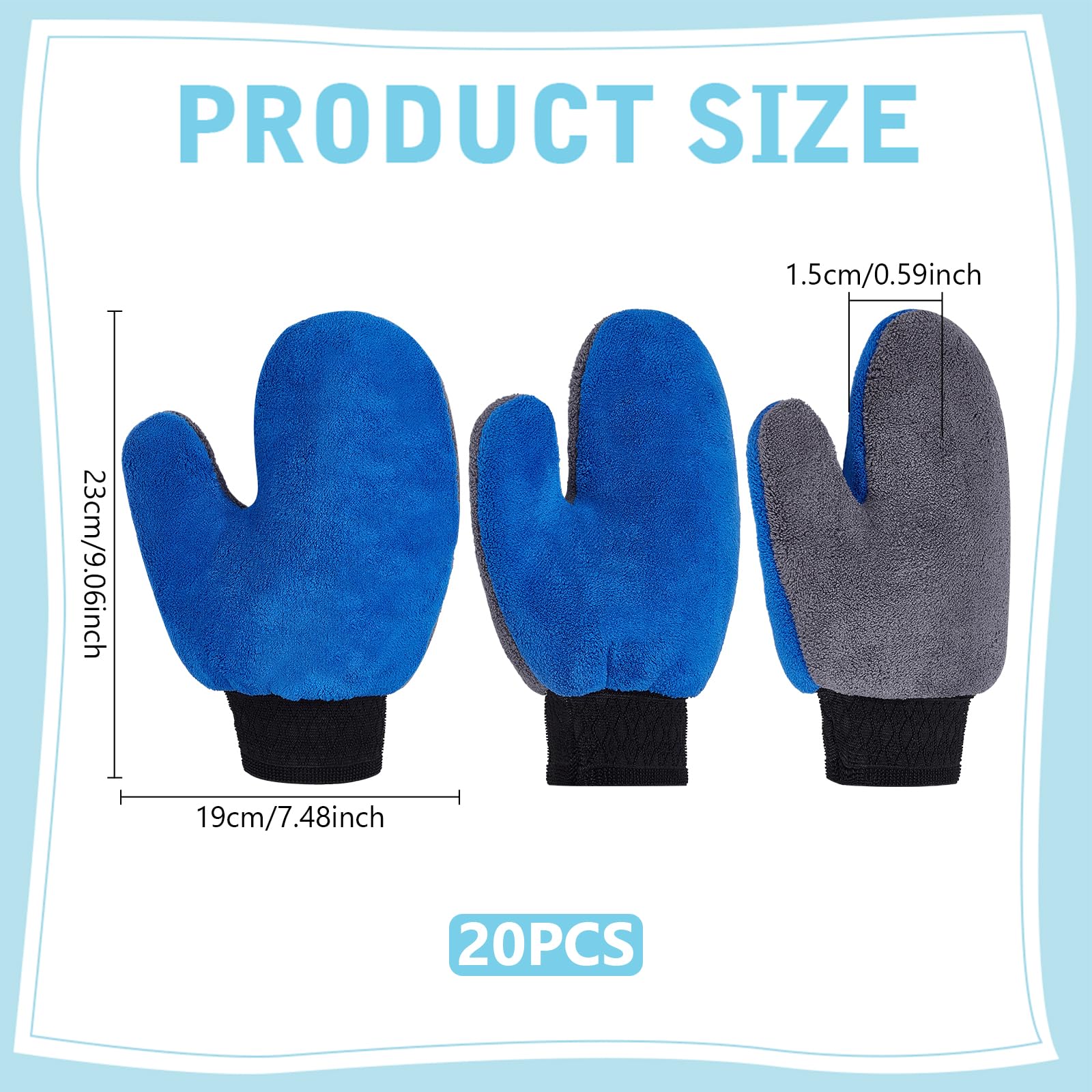 20 paire de Gants de Lavage Auto en Microfibre Bleue Gants de Nettoyage en Tissu Éponge de 230x190x15mm avec Pouce et Poignet Élastique Gants à Poussière Réutilisables pour le Nettoyage