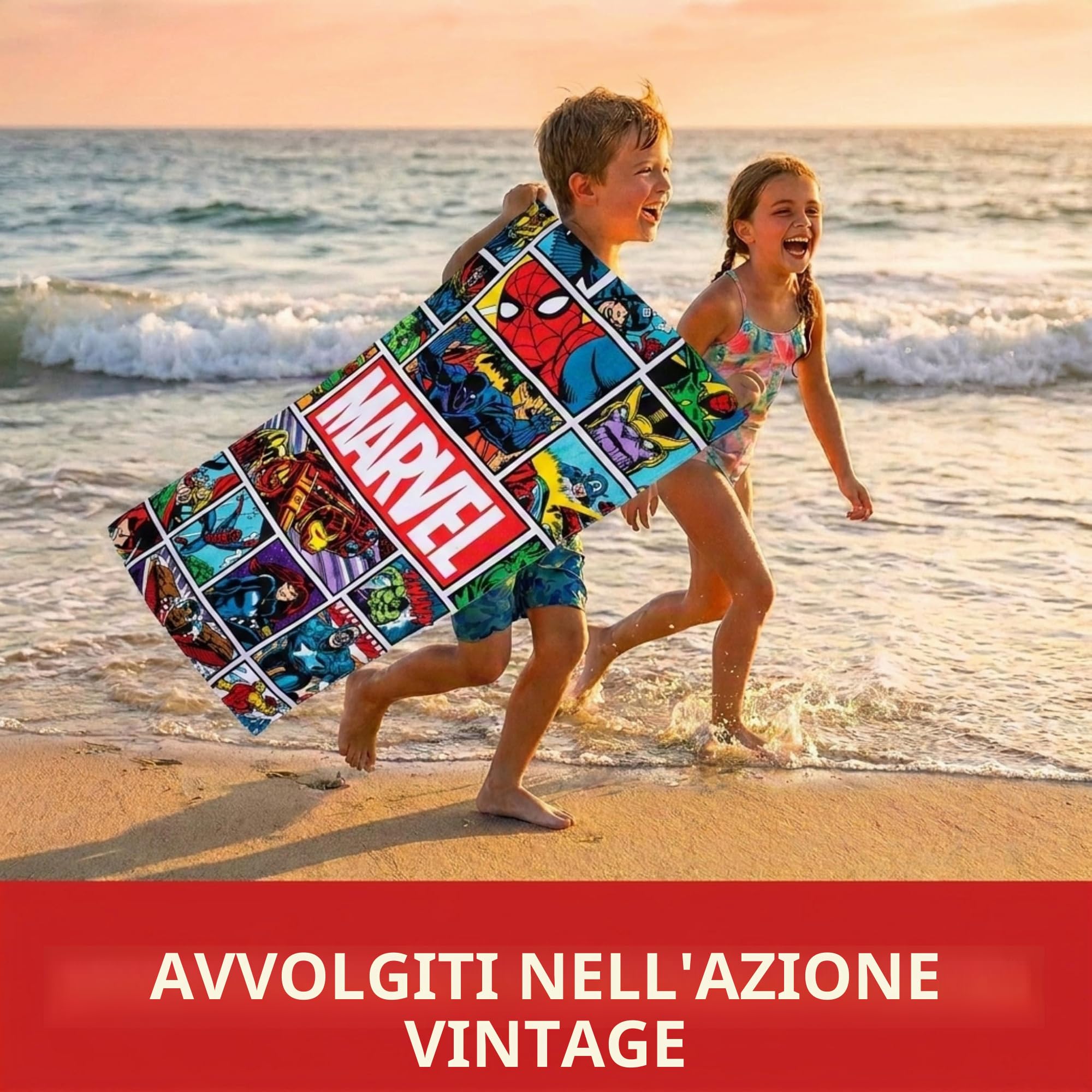 Jay Franco Marvel Comics Fumetto d'Epoca 86cm x 162cm Grande Asciugamano da Spiaggia in 100% Cotone/Telo Mare