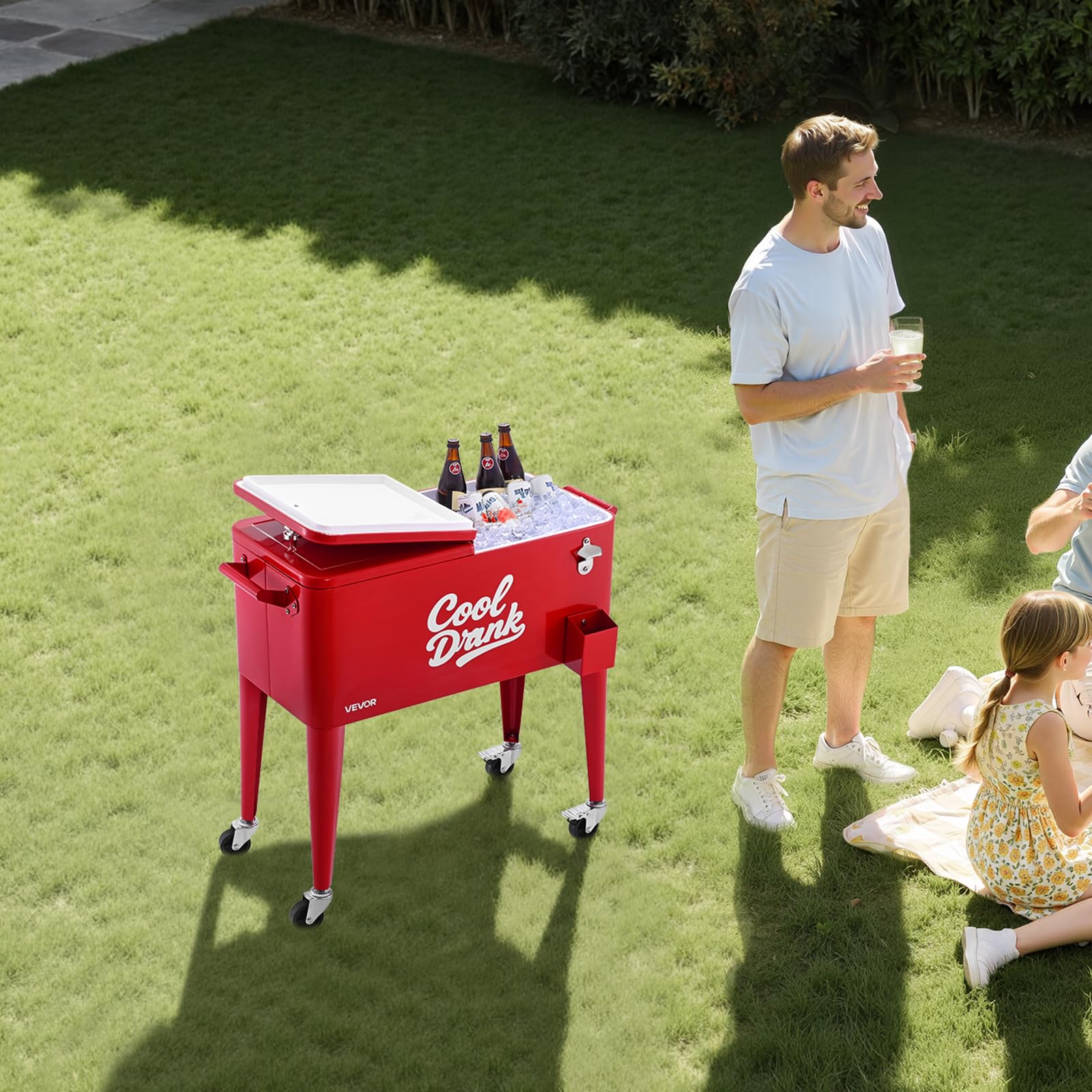 VEVOR Kühlwagen Getränkewagen 75,71 L bis zu 50 Flaschen/110 Dosen, Beistellwagen für Terrassenpartys mit 4 Lenkrollen (2 mit Bremsen) & Sammelbox für Deckel & Flaschenöffner, Getränkekühler