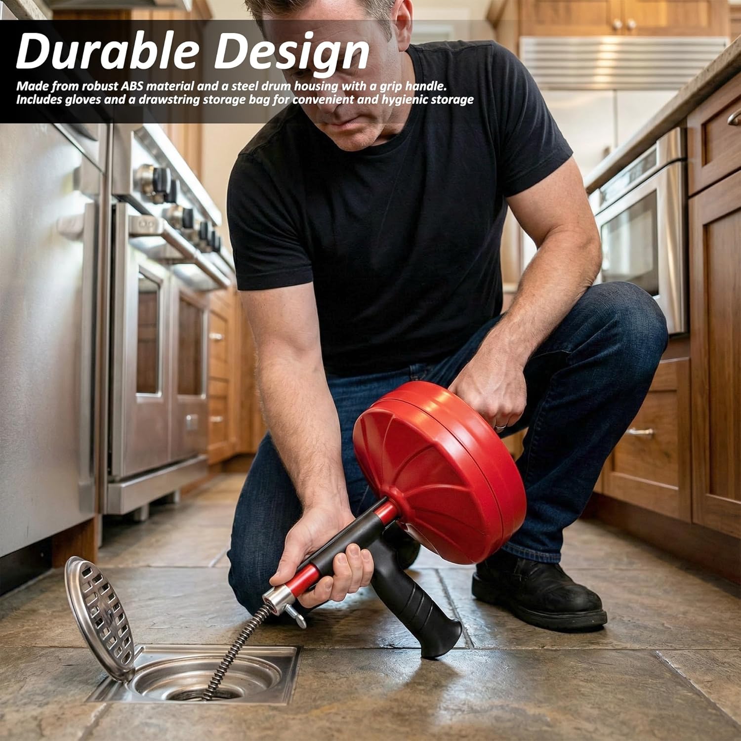 50FT Drain Snake for Clog Removal, Drill Powered & Manual Drain Auger with Gloves and Storage Bag, Heavy Duty Flexible Plumbing Snake for Kitchen Sink Shower & Bathtub Drain