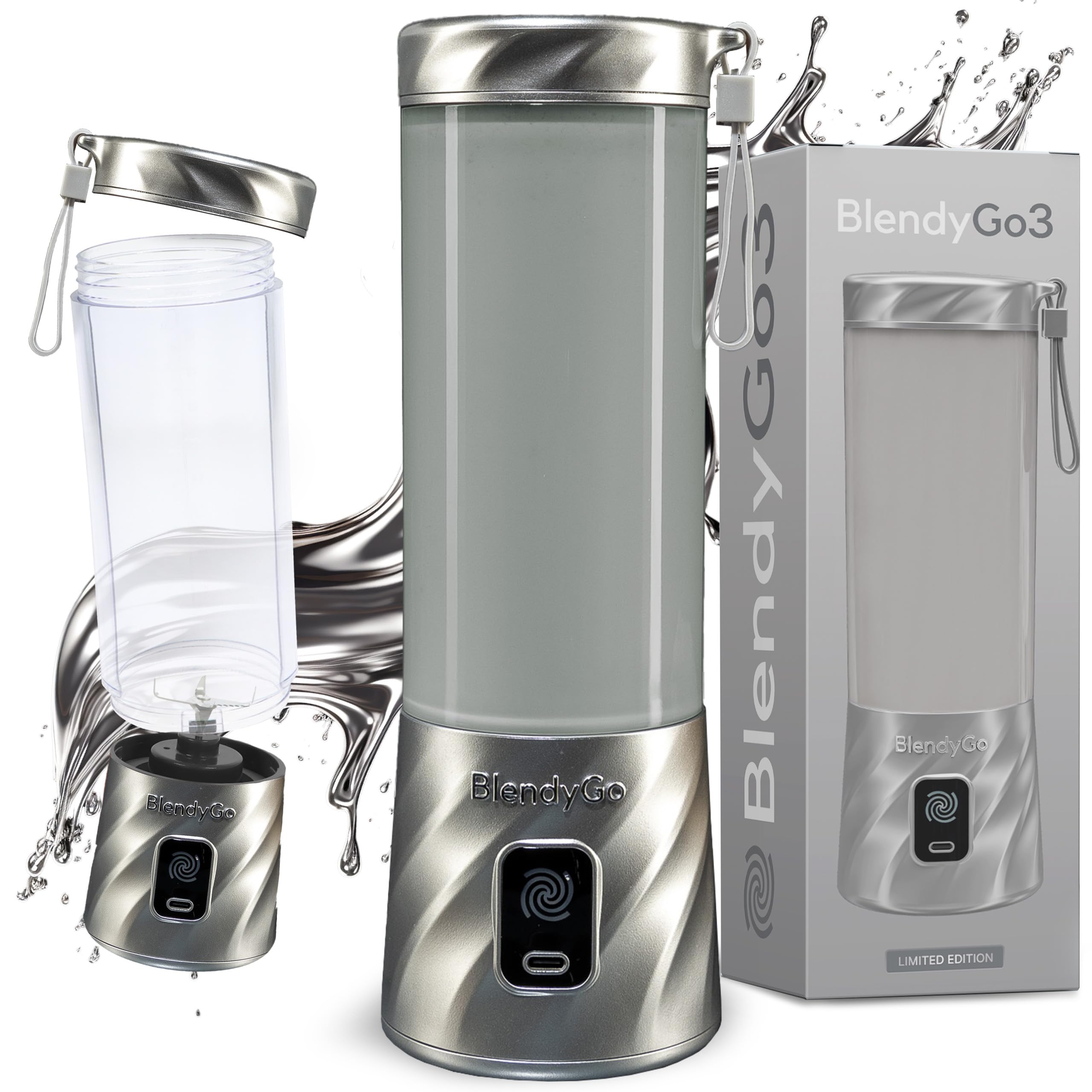 Batidora BlendyGo 3, batidora de vaso portátil, blender recargable por USB, ideal para smoothies, batidos y batidos de proteínas, mexzclador portátil potente, 500 ml (Silver Metallic)